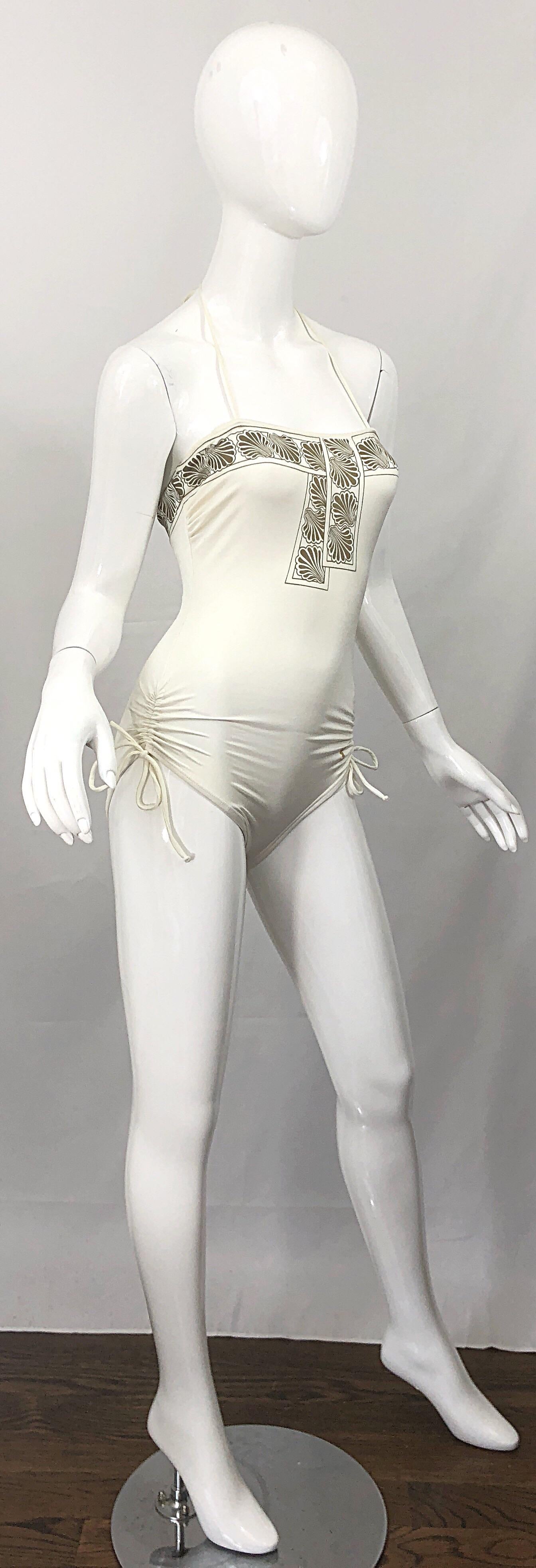 1980s Yves Saint Laurent Ivory + Gold Vintage 80s One Piece Swimsuit For Sale 4