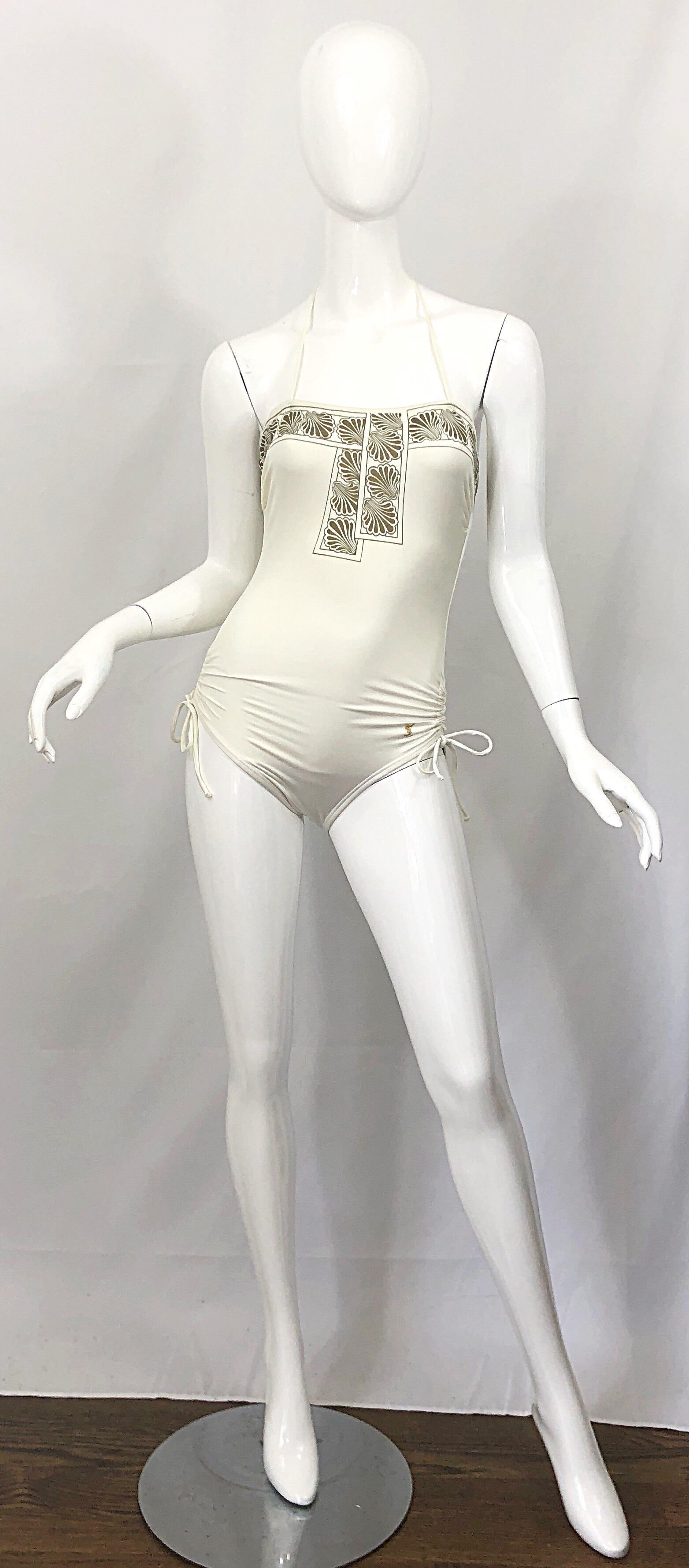 1980s Yves Saint Laurent Ivory + Gold Vintage 80s One Piece Swimsuit          For Sale 6