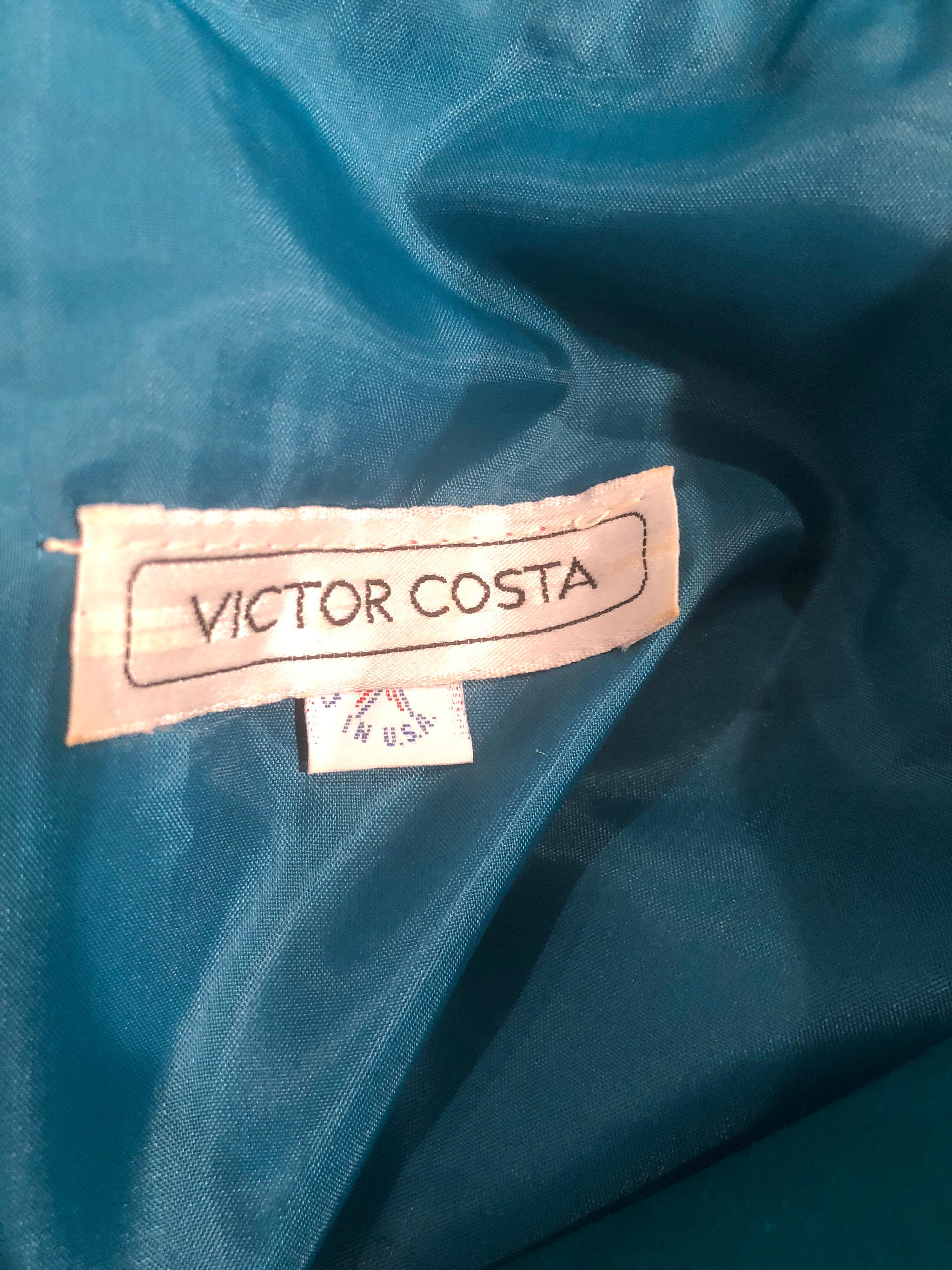 Vintage Victor Costa Teal Green Blue Size 6 / 8 Satin Long Sleeve Cocktail Dress For Sale 7