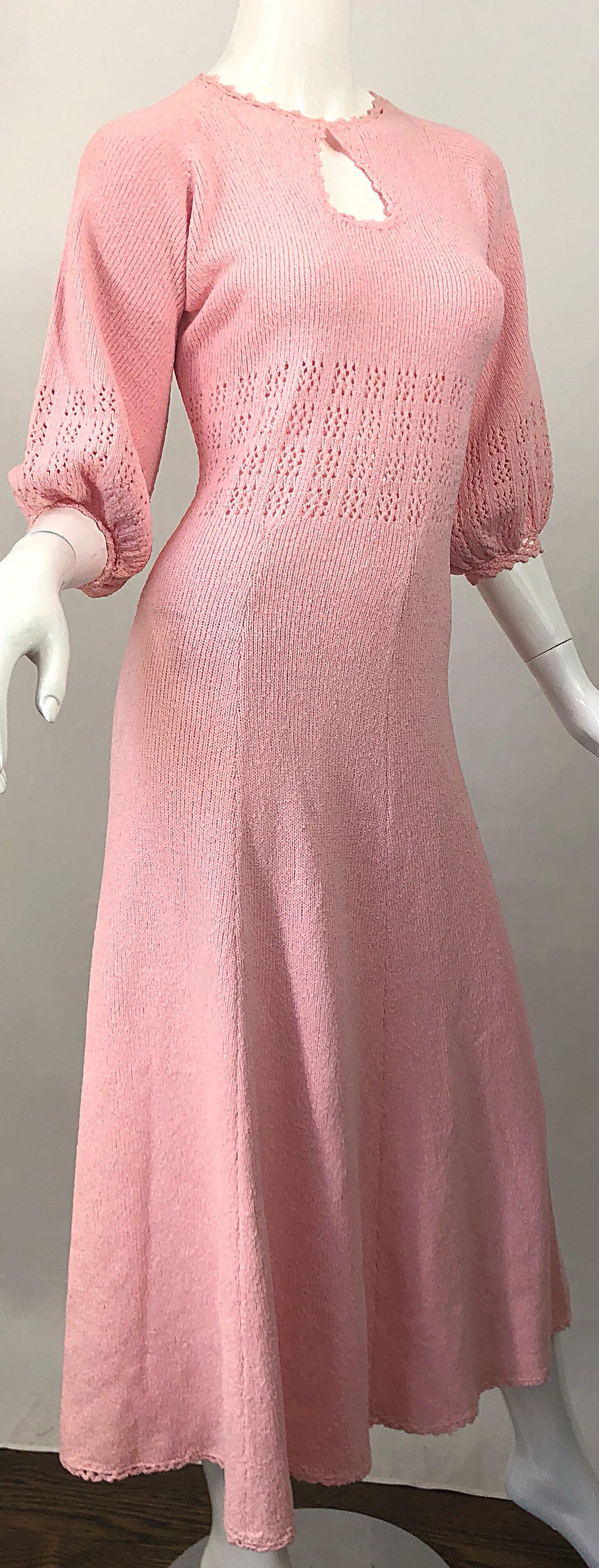 1970s Light Pink Knit Crochet Keyhole Vintage 70s Keyhole Midi Dress Damen