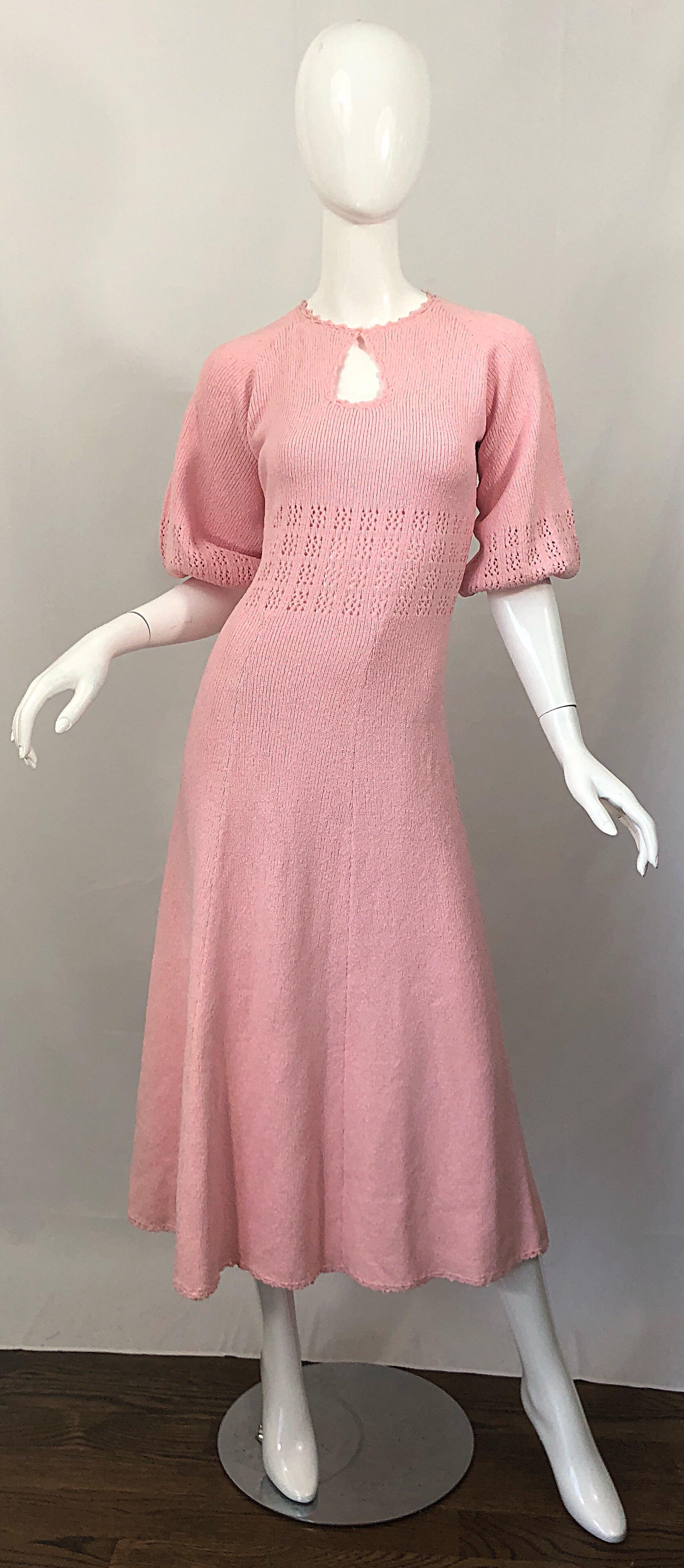 1970s Light Pink Knit Crochet Keyhole Vintage 70s Keyhole Midi Dress 1