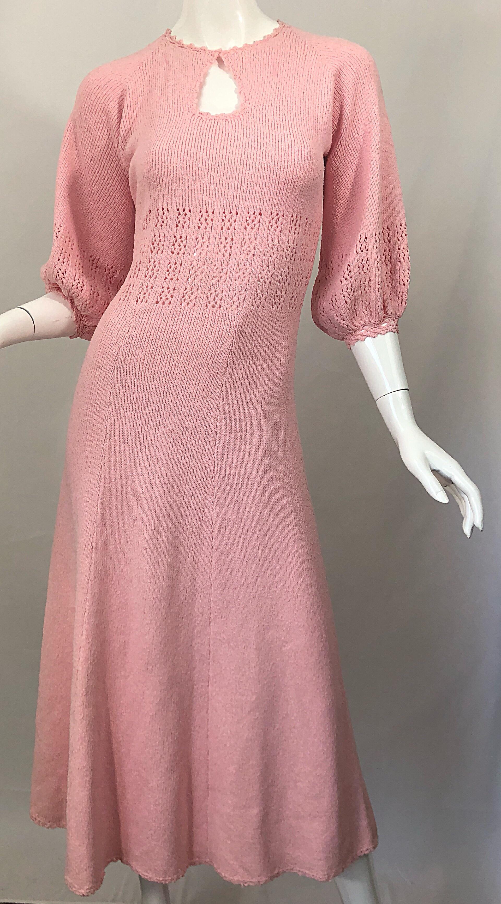 1970s Light Pink Knit Crochet Keyhole Vintage 70s Keyhole Midi Dress 4