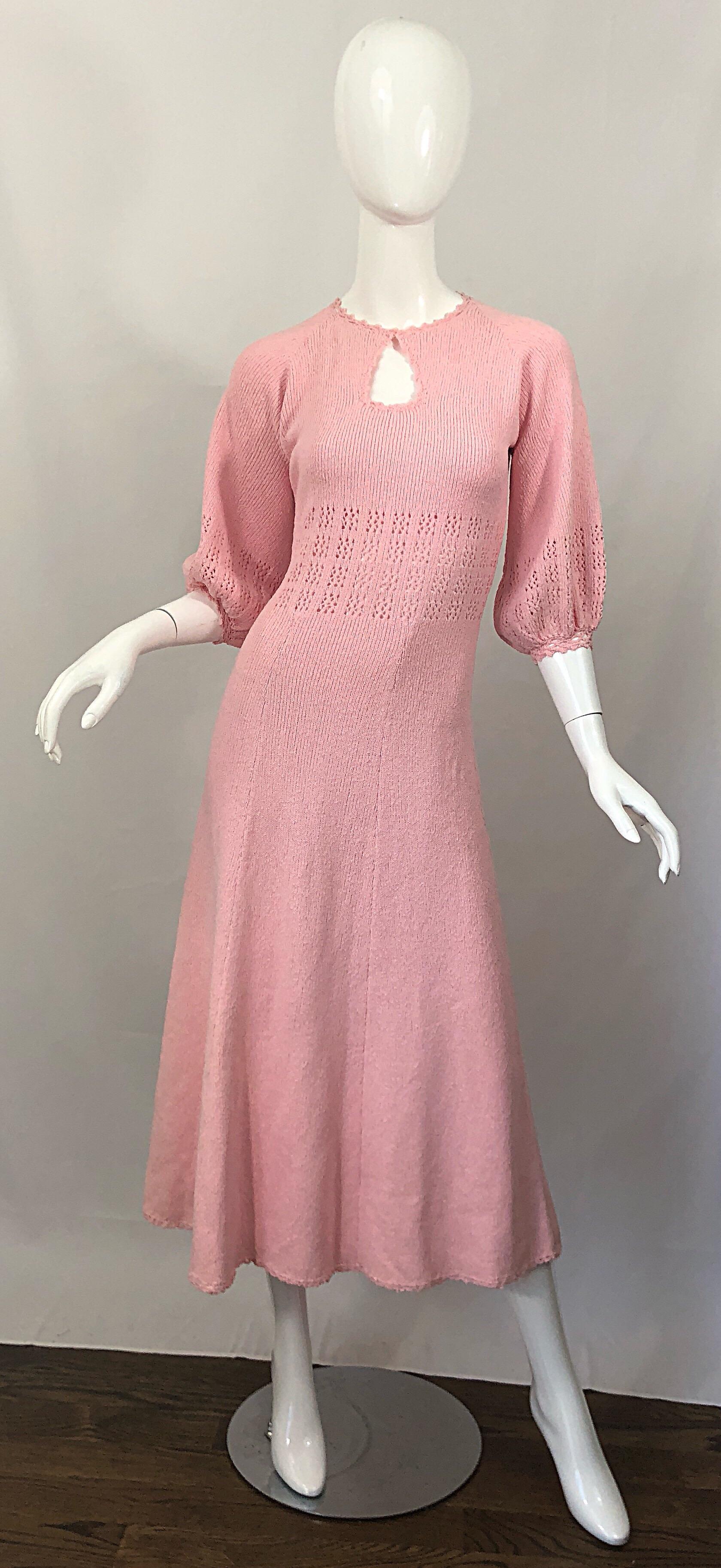 1970s Light Pink Knit Crochet Keyhole Vintage 70s Keyhole Midi Dress 5