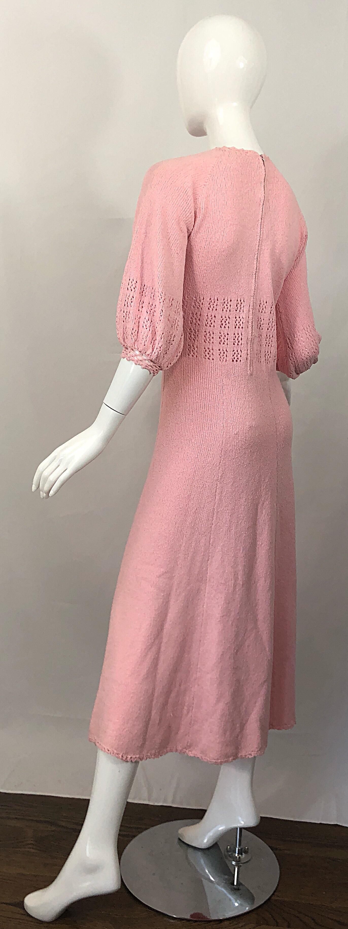 1970s Light Pink Knit Crochet Keyhole Vintage 70s Keyhole Midi Dress 6
