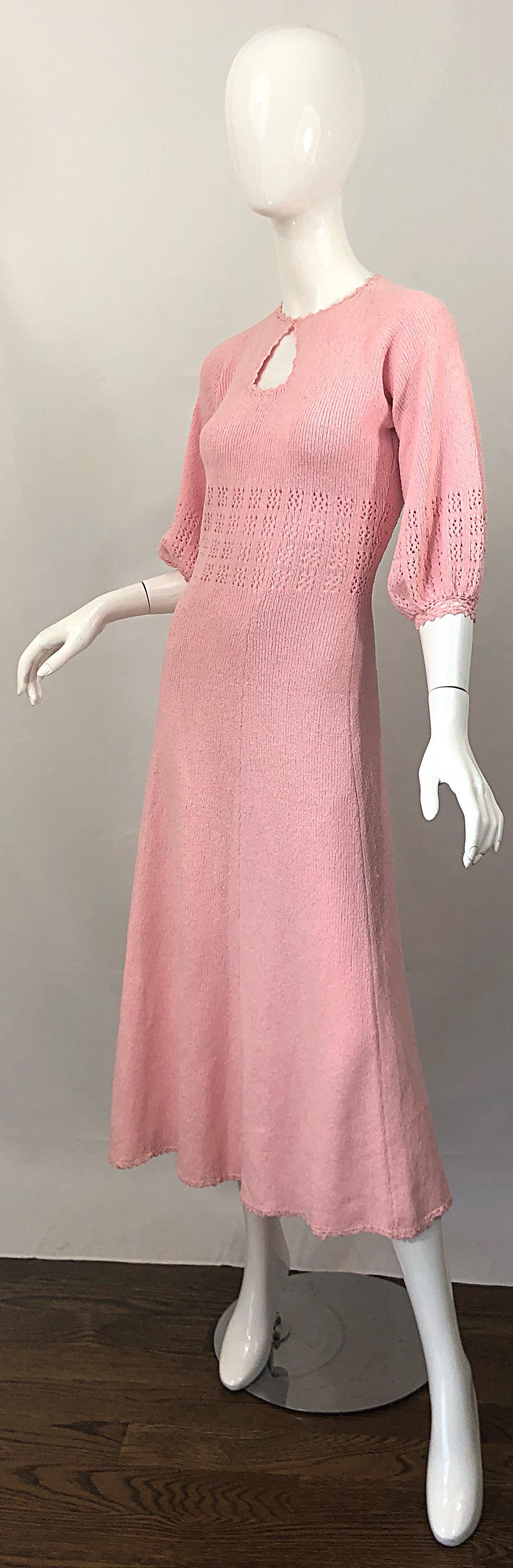 1970s Light Pink Knit Crochet Keyhole Vintage 70s Keyhole Midi Dress 7