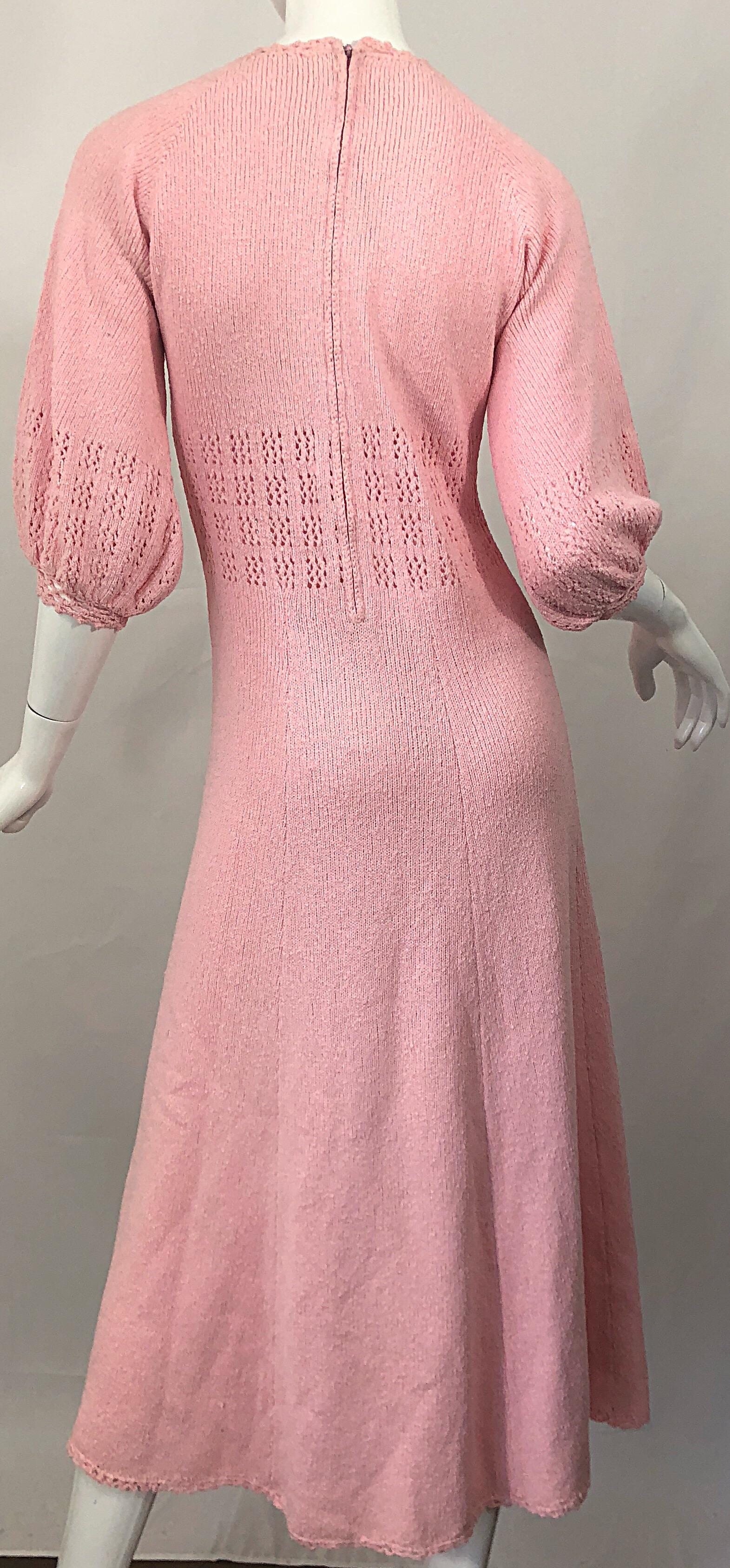 1970s Light Pink Knit Crochet Keyhole Vintage 70s Keyhole Midi Dress 8