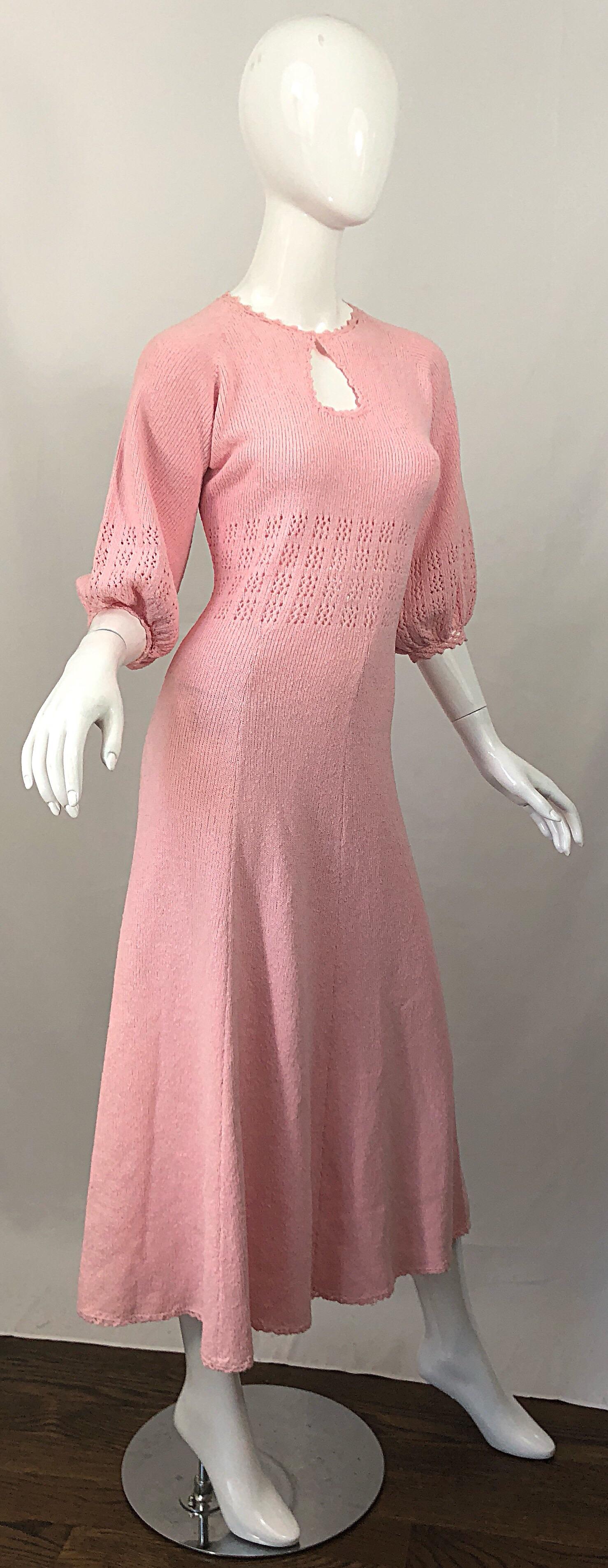 1970s Light Pink Knit Crochet Keyhole Vintage 70s Keyhole Midi Dress 9