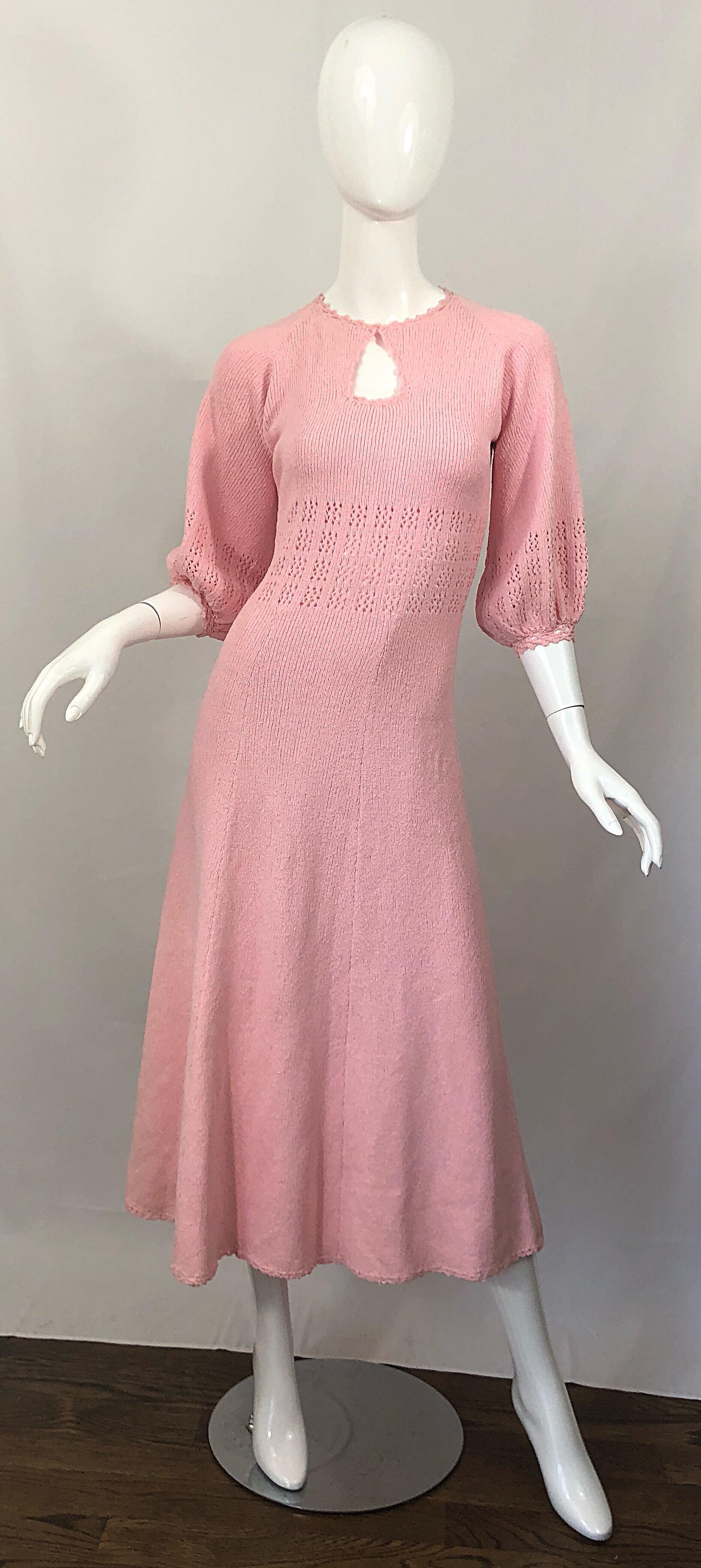1970s Light Pink Knit Crochet Keyhole Vintage 70s Keyhole Midi Dress 10