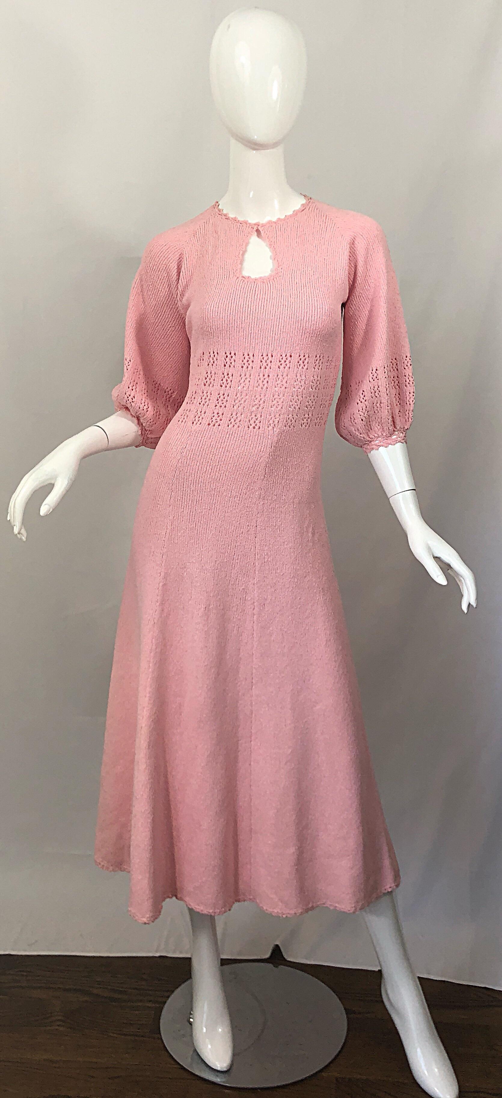 1970s Light Pink Knit Crochet Keyhole Vintage 70s Keyhole Midi Dress 11