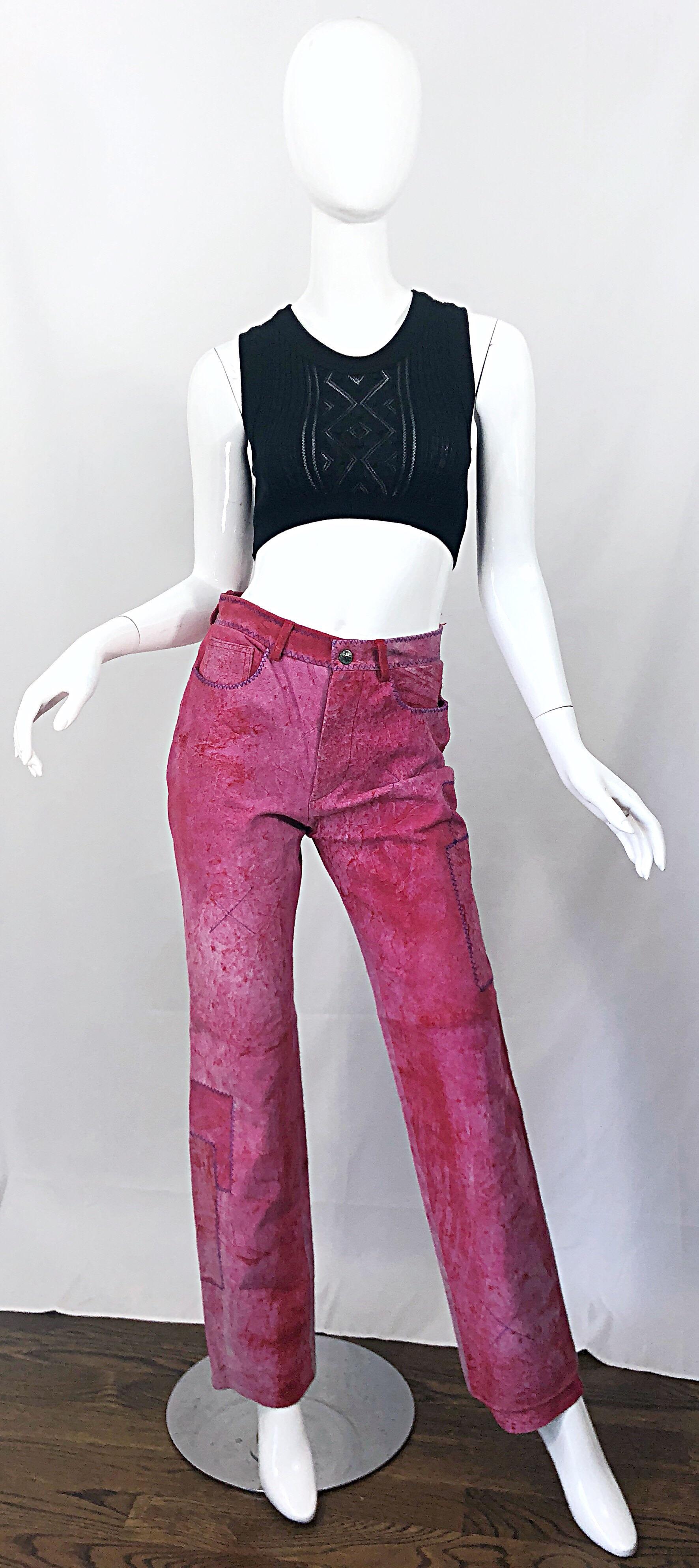 New with tag early 1990s ROME GIGLI hot pink / fuchsia and purple distressed suede leather patchwork high waisted pants! This rare pair of trousers retailed for $1,500 around 1990, which is equivalent to nearly $3,000 today. Features a flattering