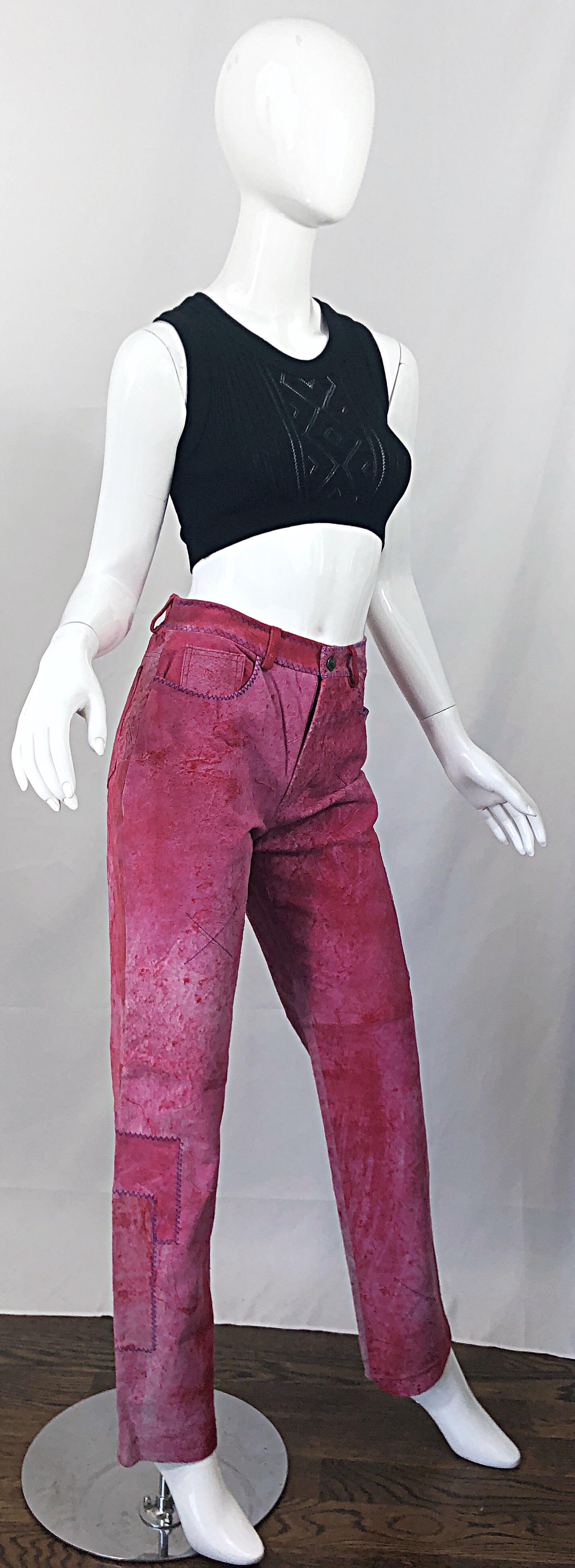 Women's NWT Romeo Gigli 1990s Pink Suede Sz 4 / 6 High Waist Straight Leg Vintage Pants  For Sale