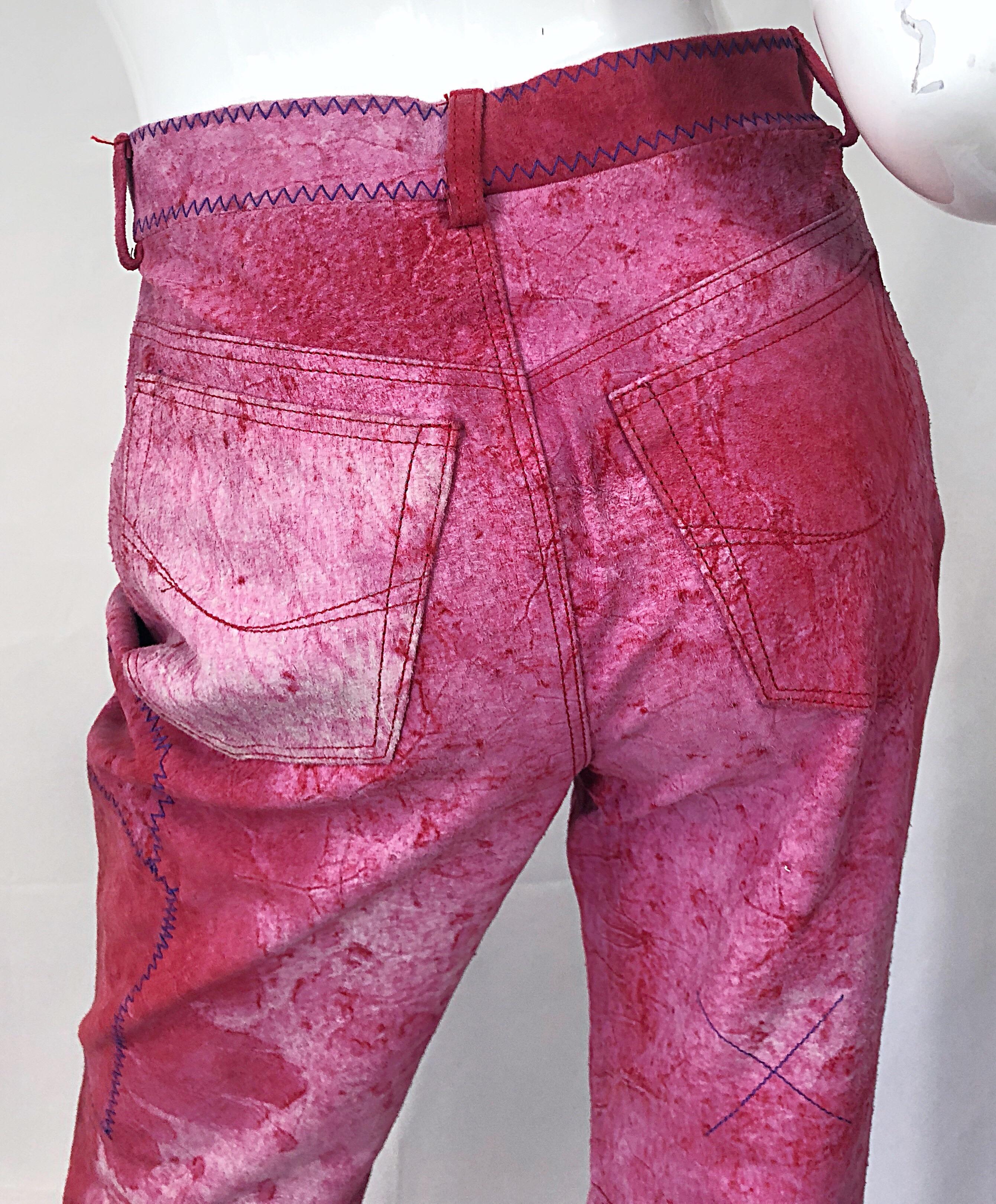NWT Romeo Gigli 1990s Pink Suede Sz 4 / 6 High Waist Straight Leg Vintage Pants  For Sale 2