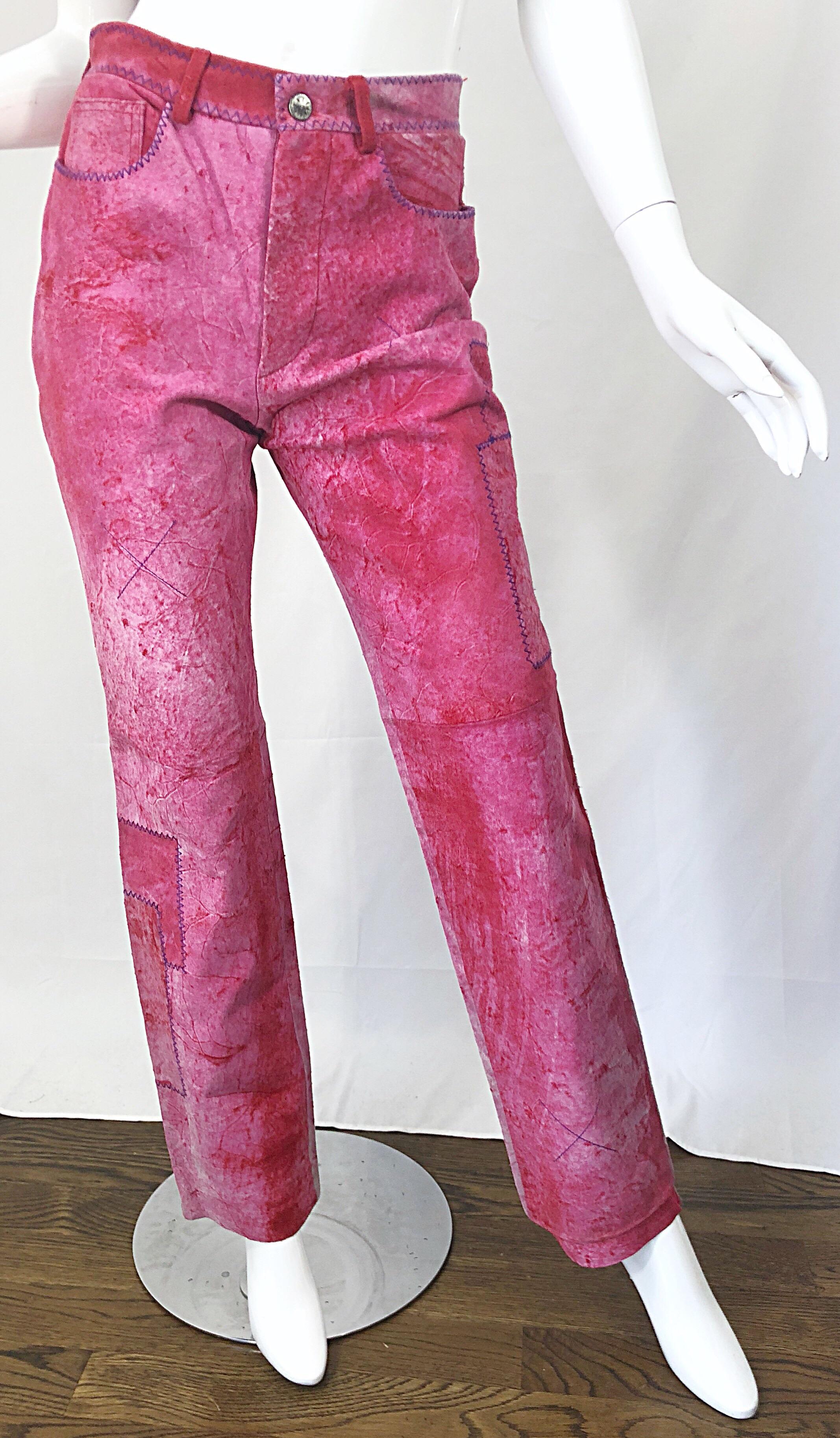 NWT Romeo Gigli 1990s Pink Suede Sz 4 / 6 High Waist Straight Leg Vintage Pants  For Sale 4