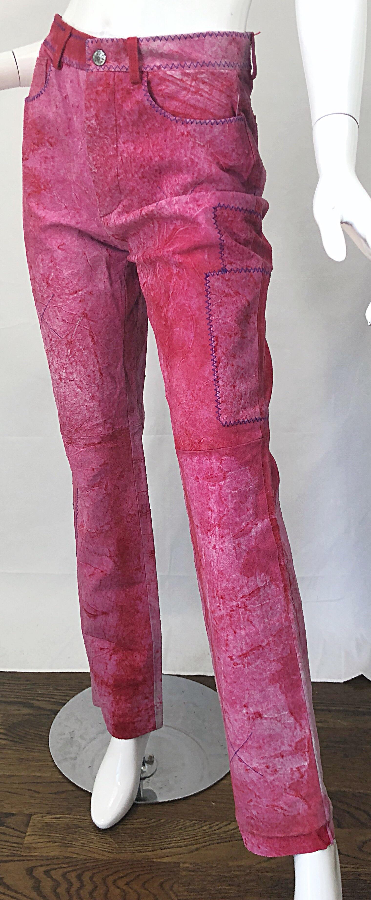 NWT Romeo Gigli 1990s Pink Suede Sz 4 / 6 High Waist Straight Leg Vintage Pants  For Sale 6