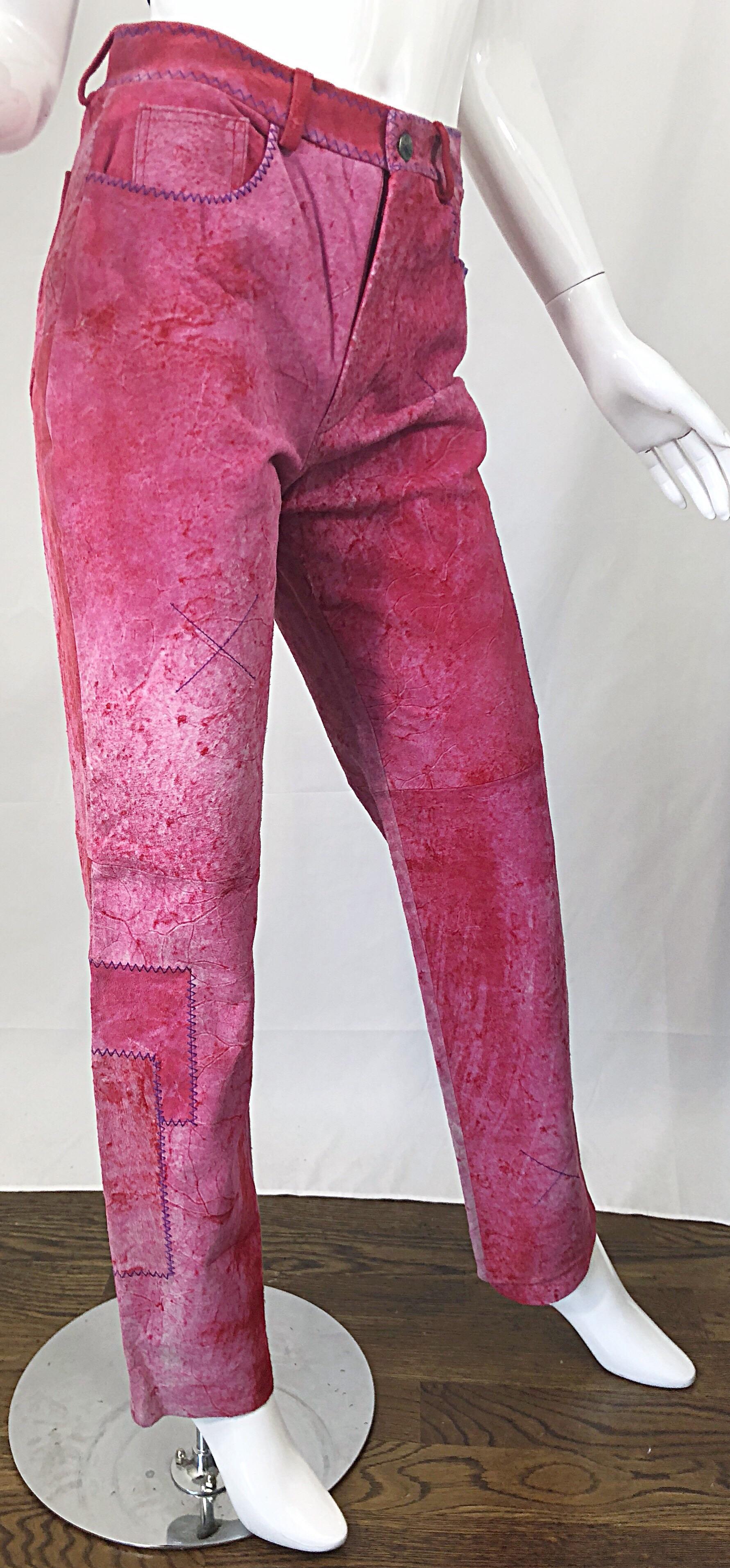 NWT Romeo Gigli 1990s Pink Suede Sz 4 / 6 High Waist Straight Leg Vintage Pants  For Sale 8