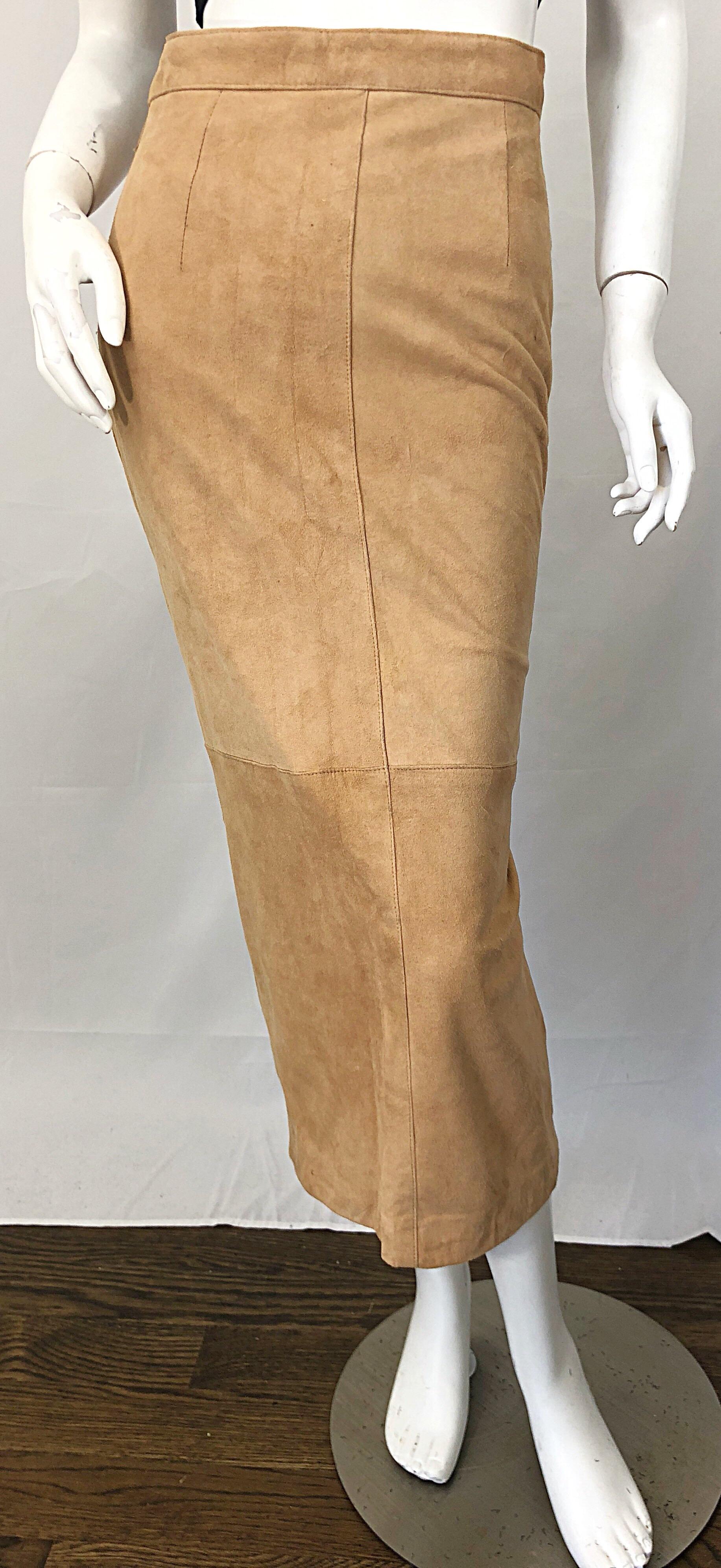 Brown Vintage Calvin Klein 1990s Suede Leather Size 4 / 6 High Waist Midi Pencil Skirt