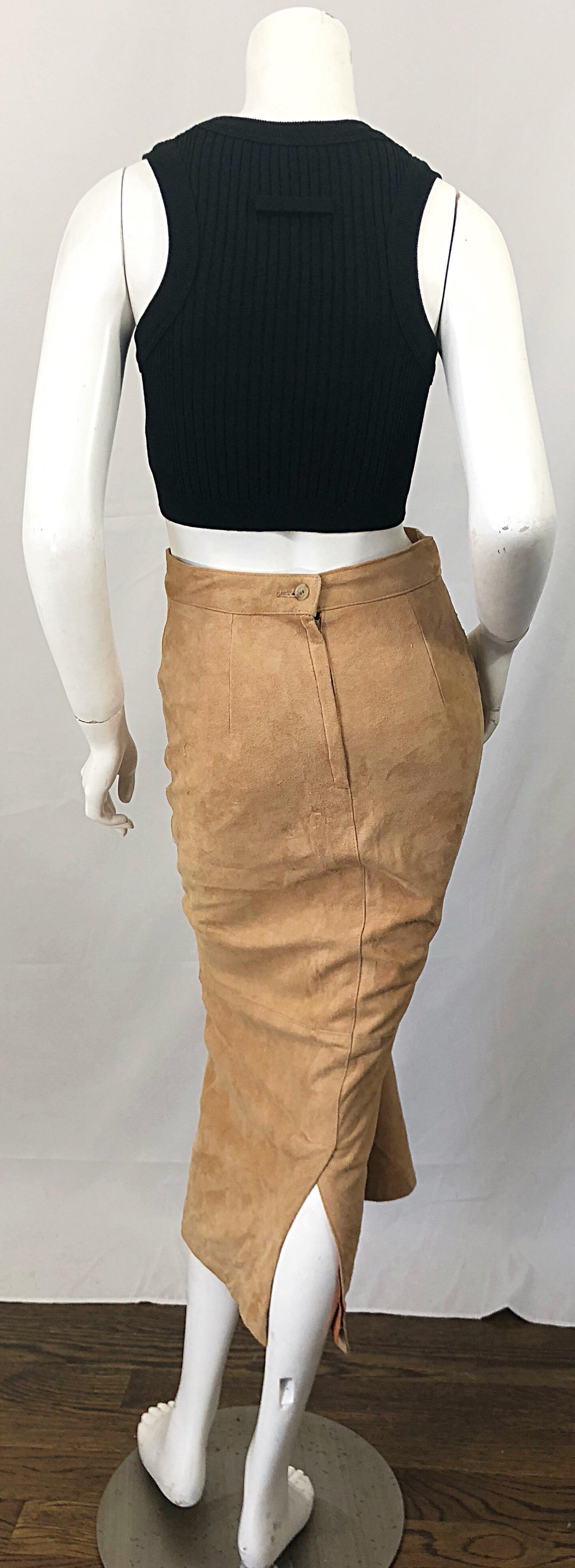 Vintage Calvin Klein 1990s Suede Leather Size 4 / 6 High Waist Midi Pencil Skirt In Good Condition In San Diego, CA