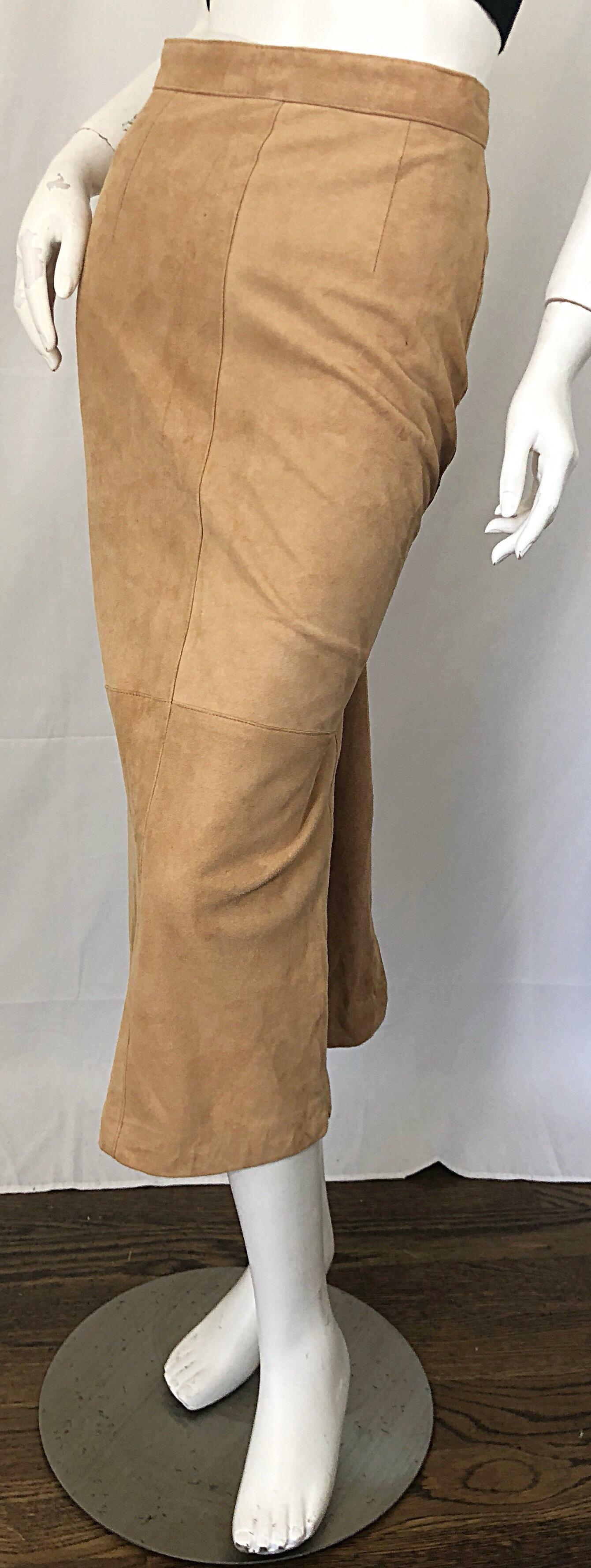 Women's Vintage Calvin Klein 1990s Suede Leather Size 4 / 6 High Waist Midi Pencil Skirt