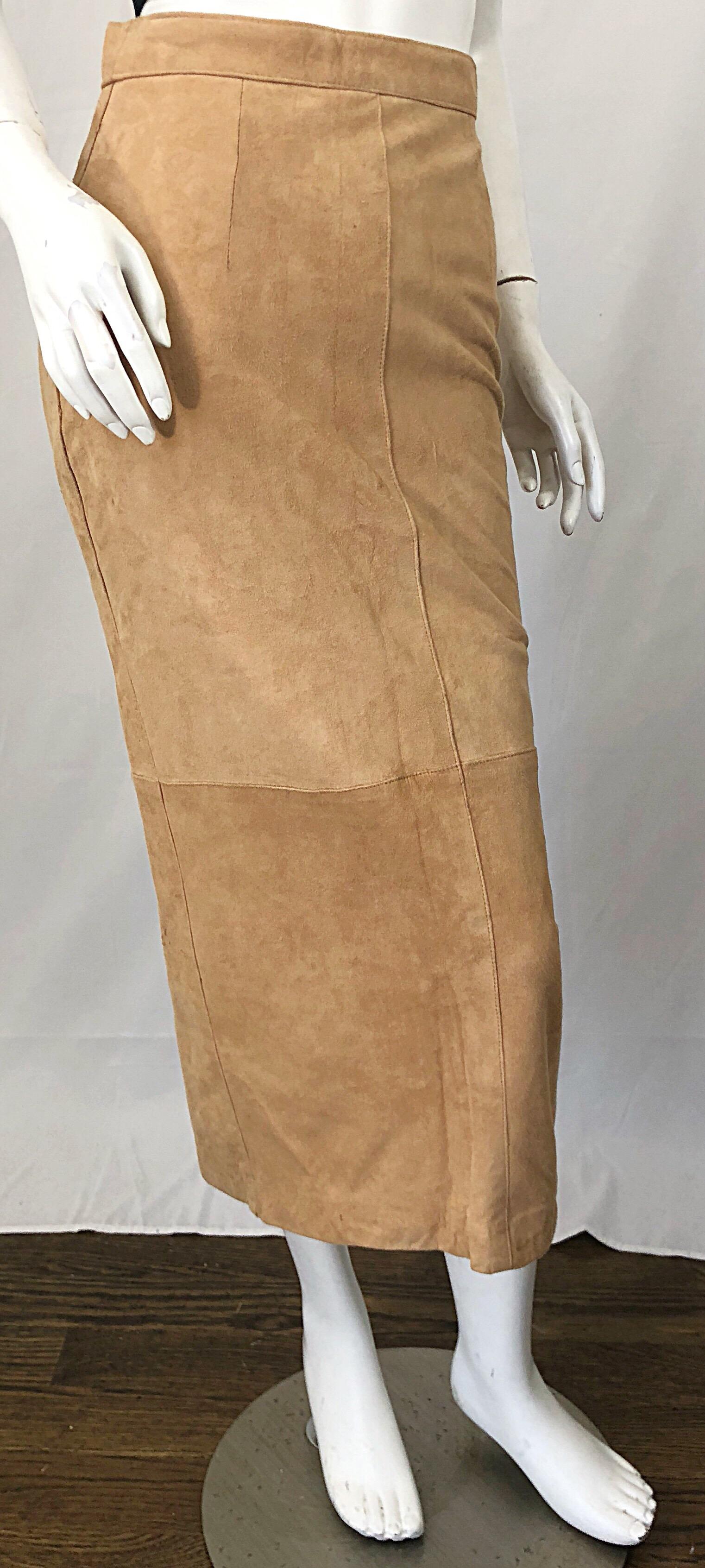 Vintage Calvin Klein 1990s Suede Leather Size 4 / 6 High Waist Midi Pencil Skirt 1