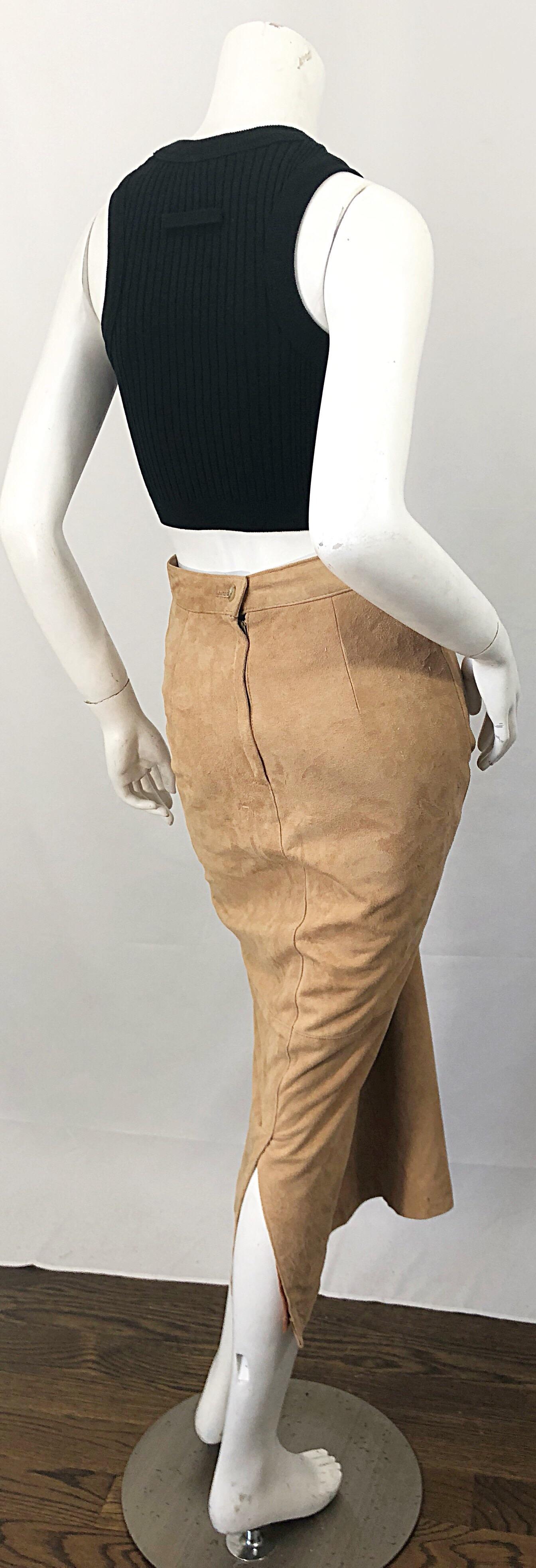 Vintage Calvin Klein 1990s Suede Leather Size 4 / 6 High Waist Midi Pencil Skirt 2