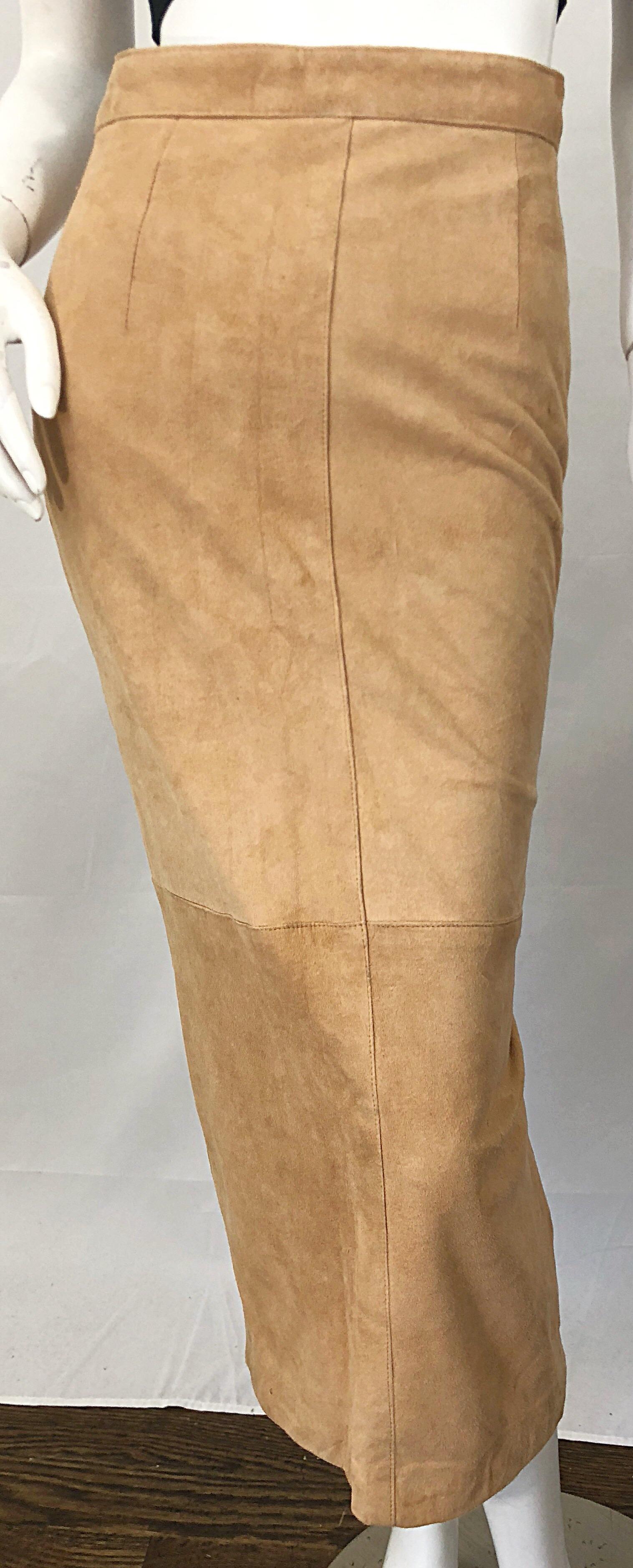 Vintage Calvin Klein 1990s Suede Leather Size 4 / 6 High Waist Midi Pencil Skirt 3