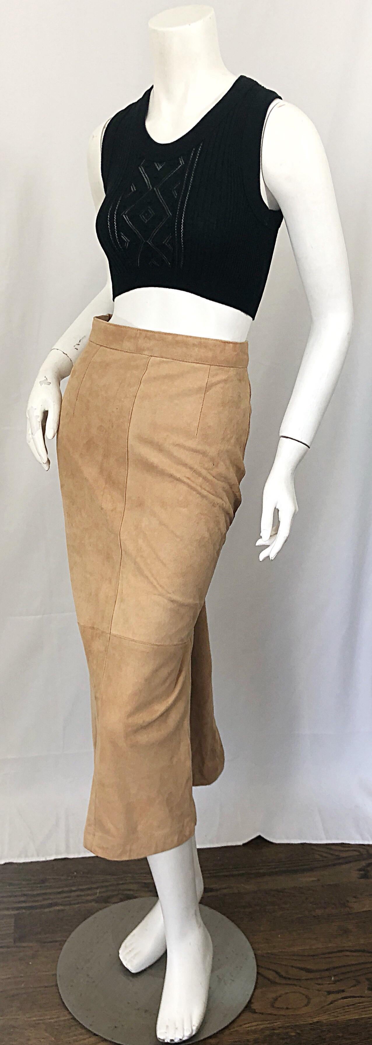Vintage Calvin Klein 1990s Suede Leather Size 4 / 6 High Waist Midi Pencil Skirt 4
