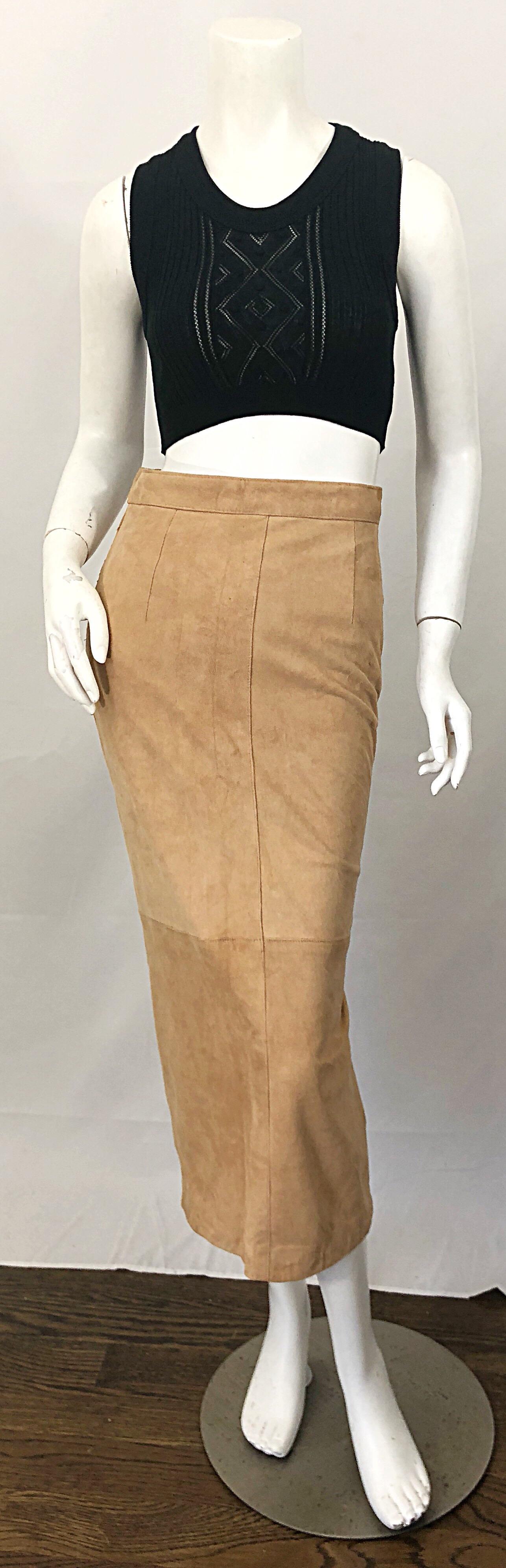Vintage Calvin Klein 1990s Suede Leather Size 4 / 6 High Waist Midi Pencil Skirt 5