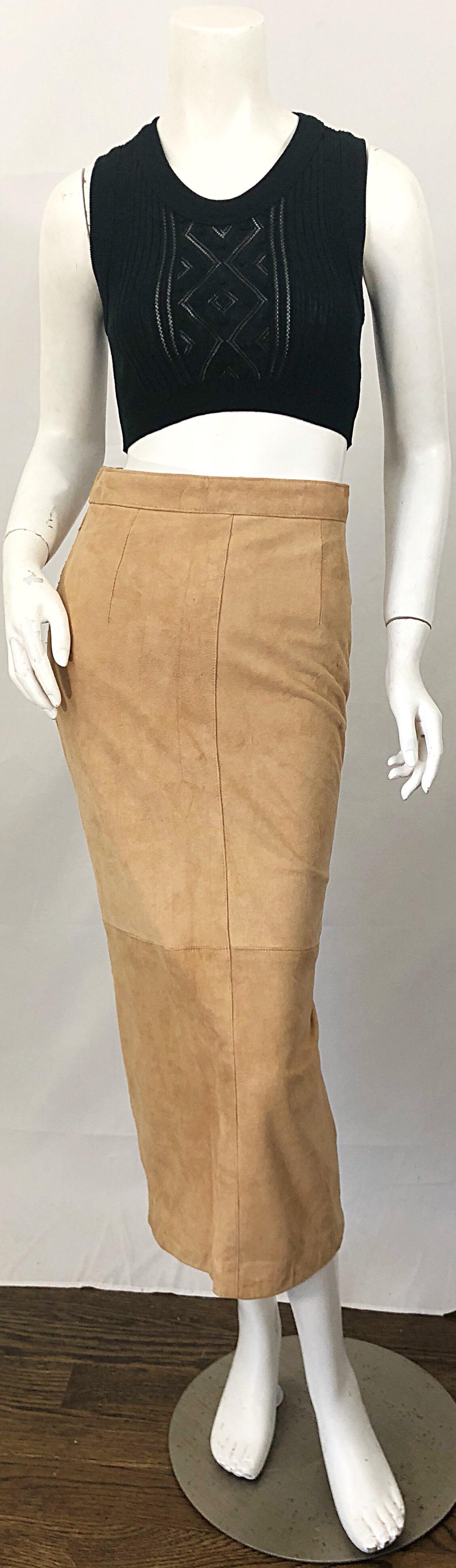 Vintage Calvin Klein 1990s Suede Leather Size 4 / 6 High Waist Midi Pencil Skirt 7