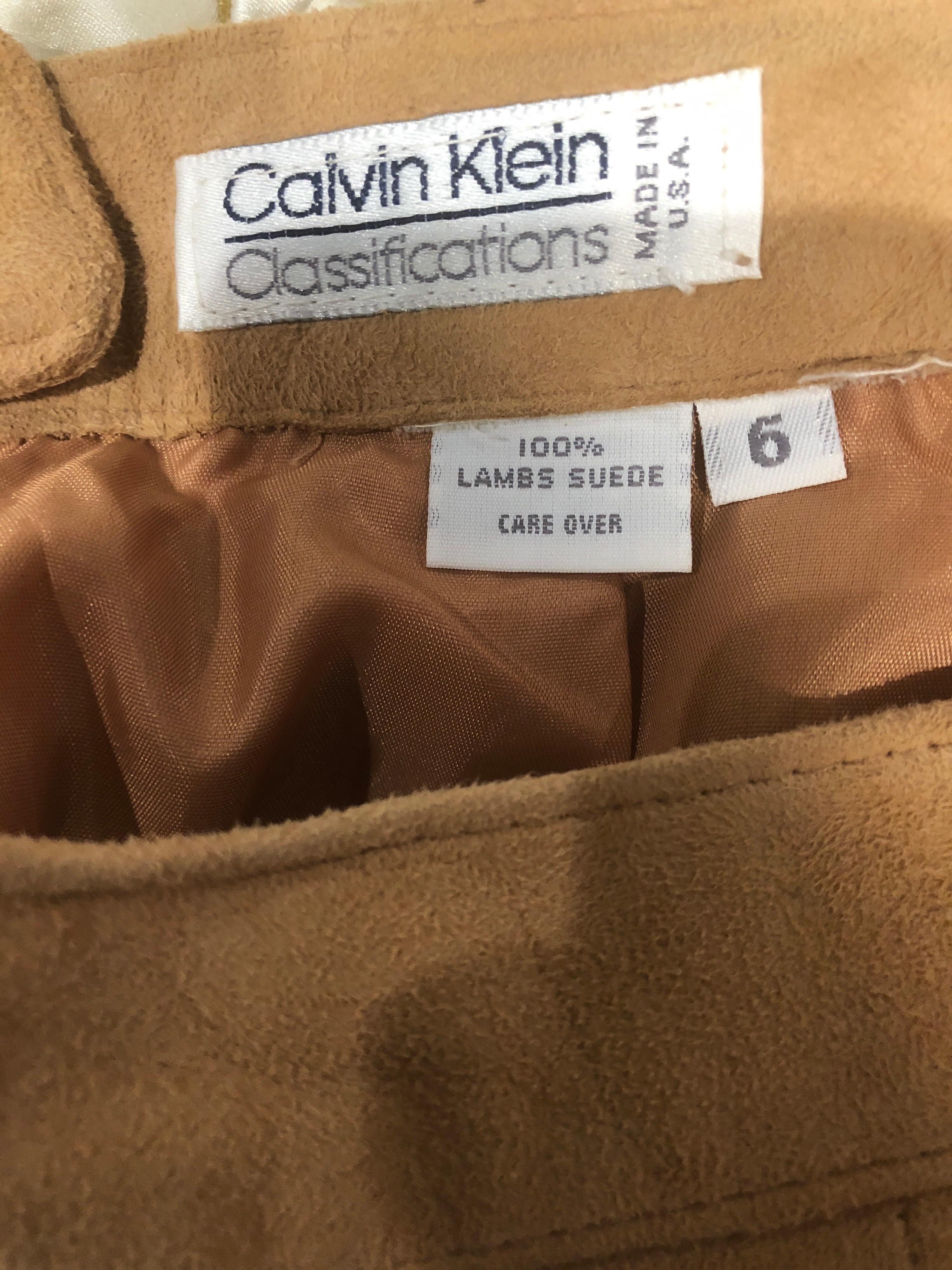 Vintage Calvin Klein 1990s Suede Leather Size 4 / 6 High Waist Midi Pencil Skirt 8