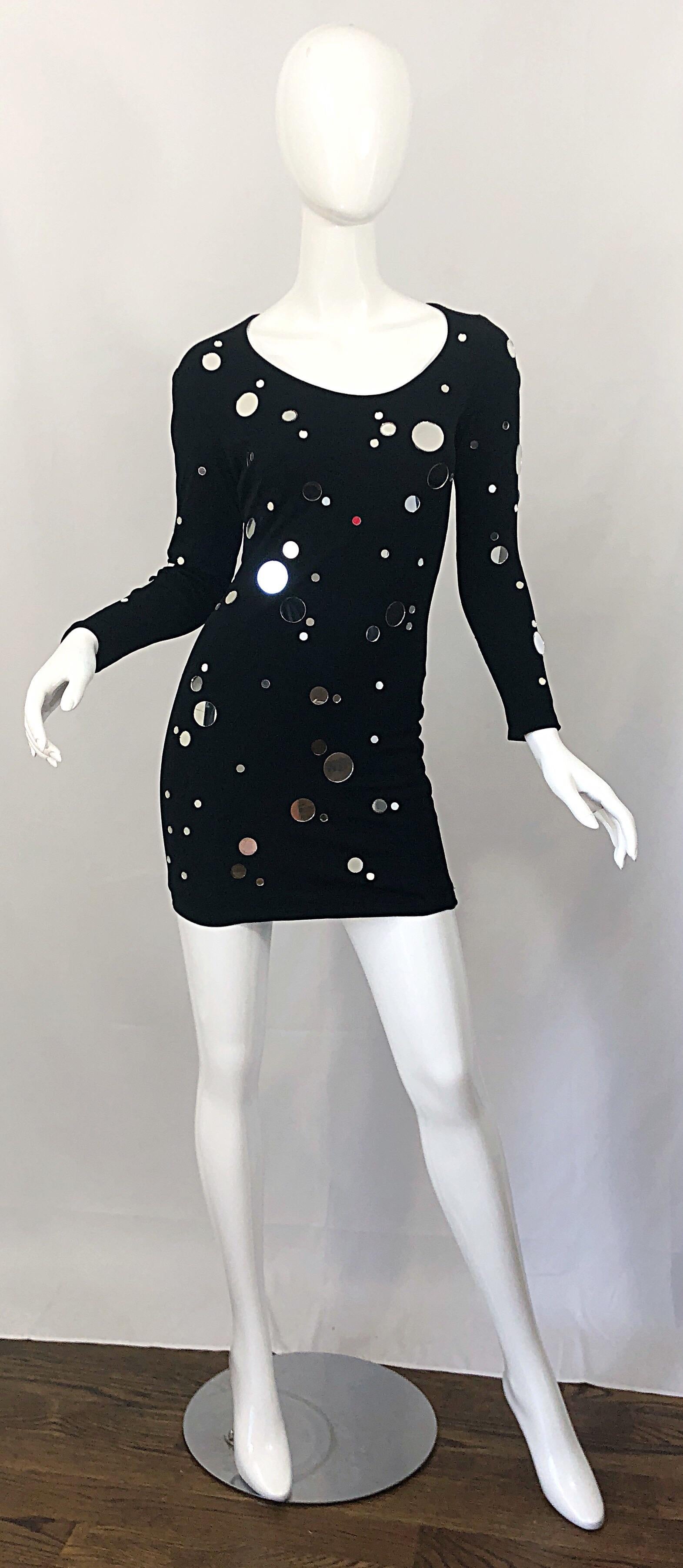 Amazing Early 1990s Documented CD GREENE Couture black mirror embellished long sleeve jersey mini dress! The turquoise blue sleeveless version was featured on the January 1990 cover of 