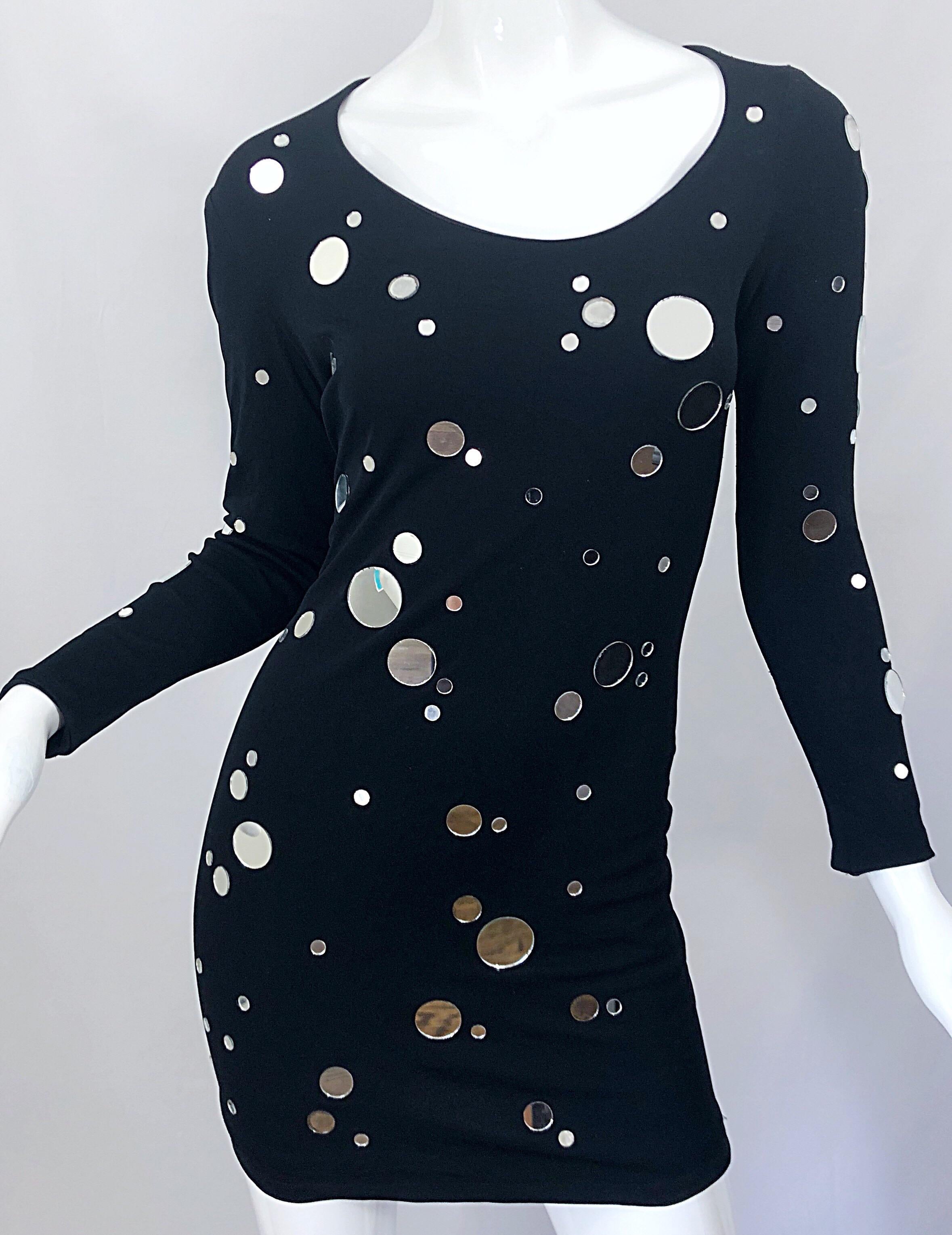 Documented 1990s CD Greene Mirrored Black Bodycon Vintage 90s Long Sleeve Dress In Excellent Condition For Sale In San Diego, CA