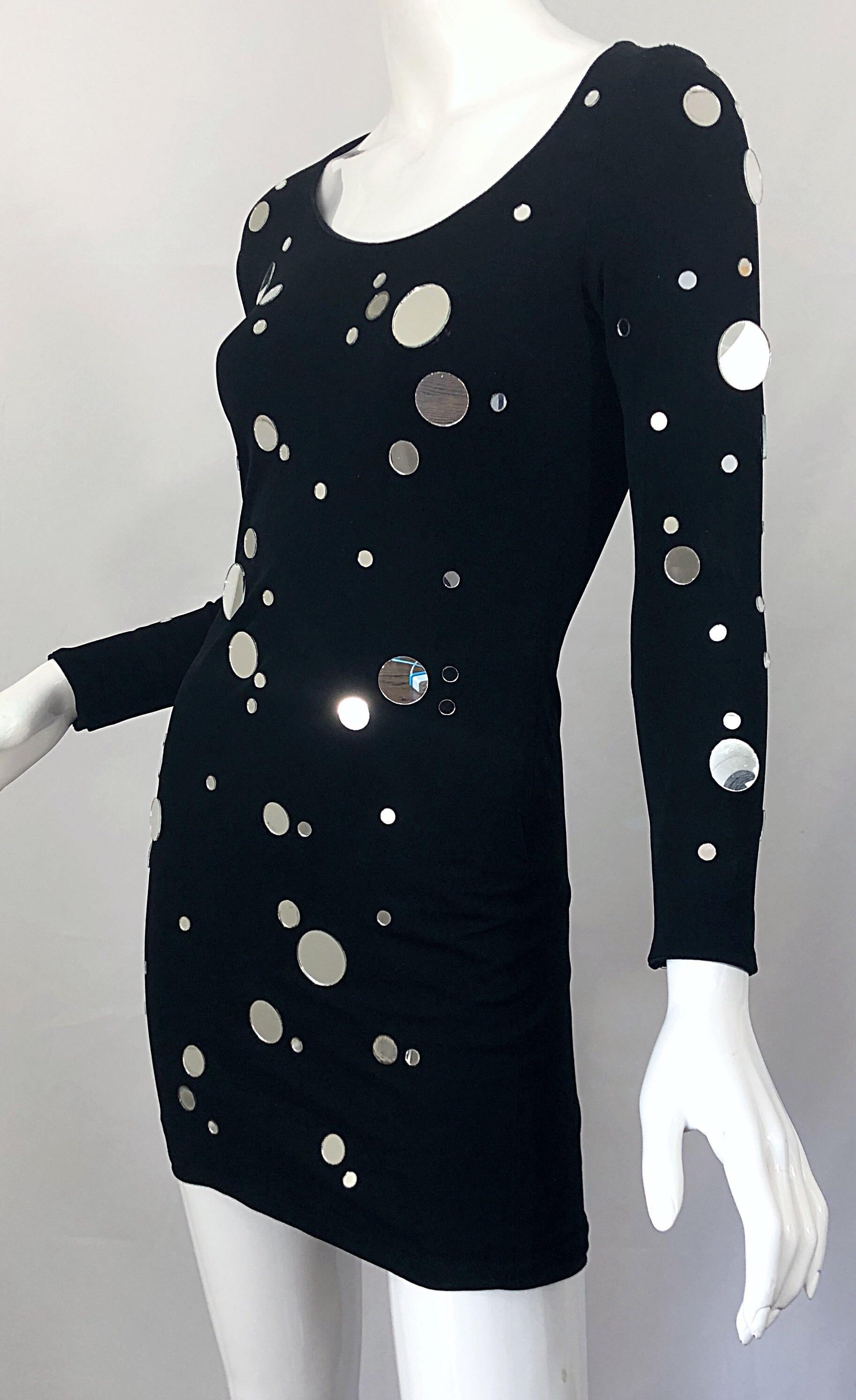 Documented 1990s CD Greene Mirrored Black Bodycon Vintage 90s Long Sleeve Dress For Sale 3