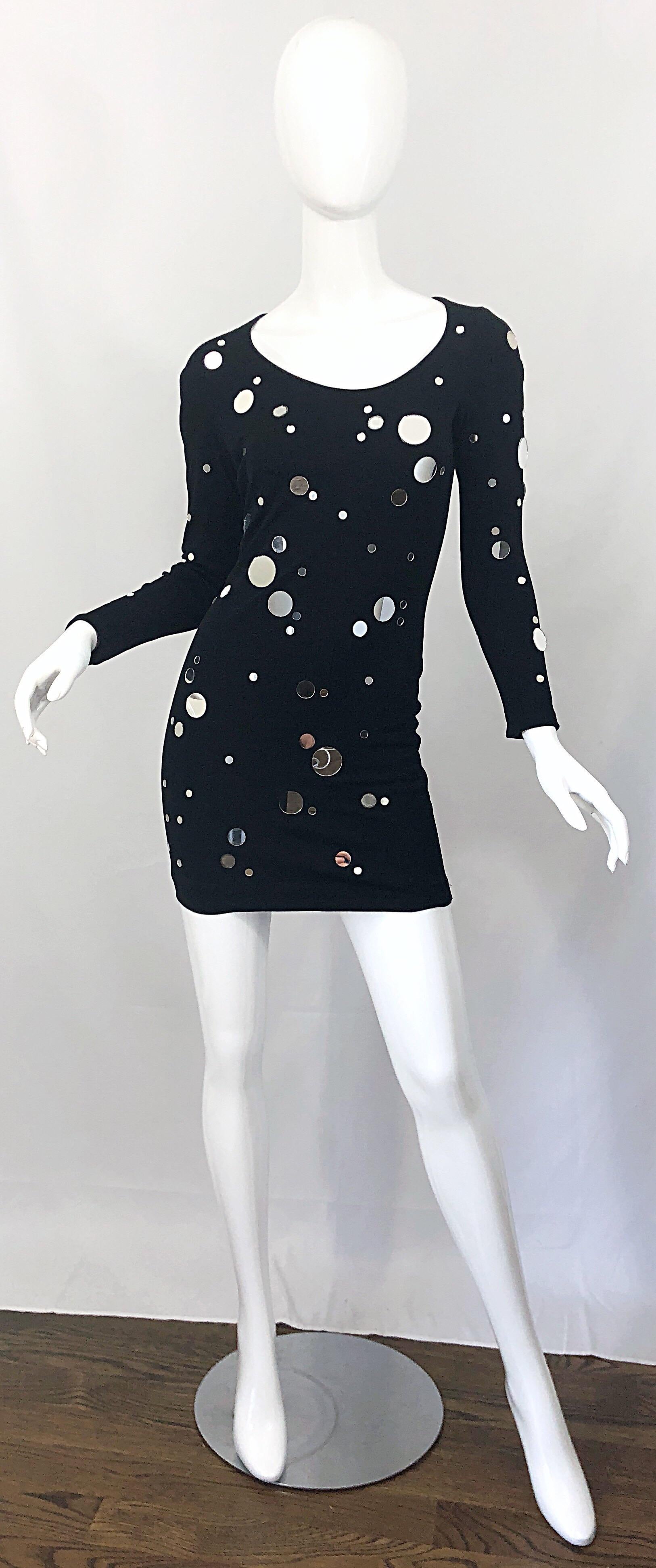 Documented 1990s CD Greene Mirrored Black Bodycon Vintage 90s Long Sleeve Dress For Sale 4