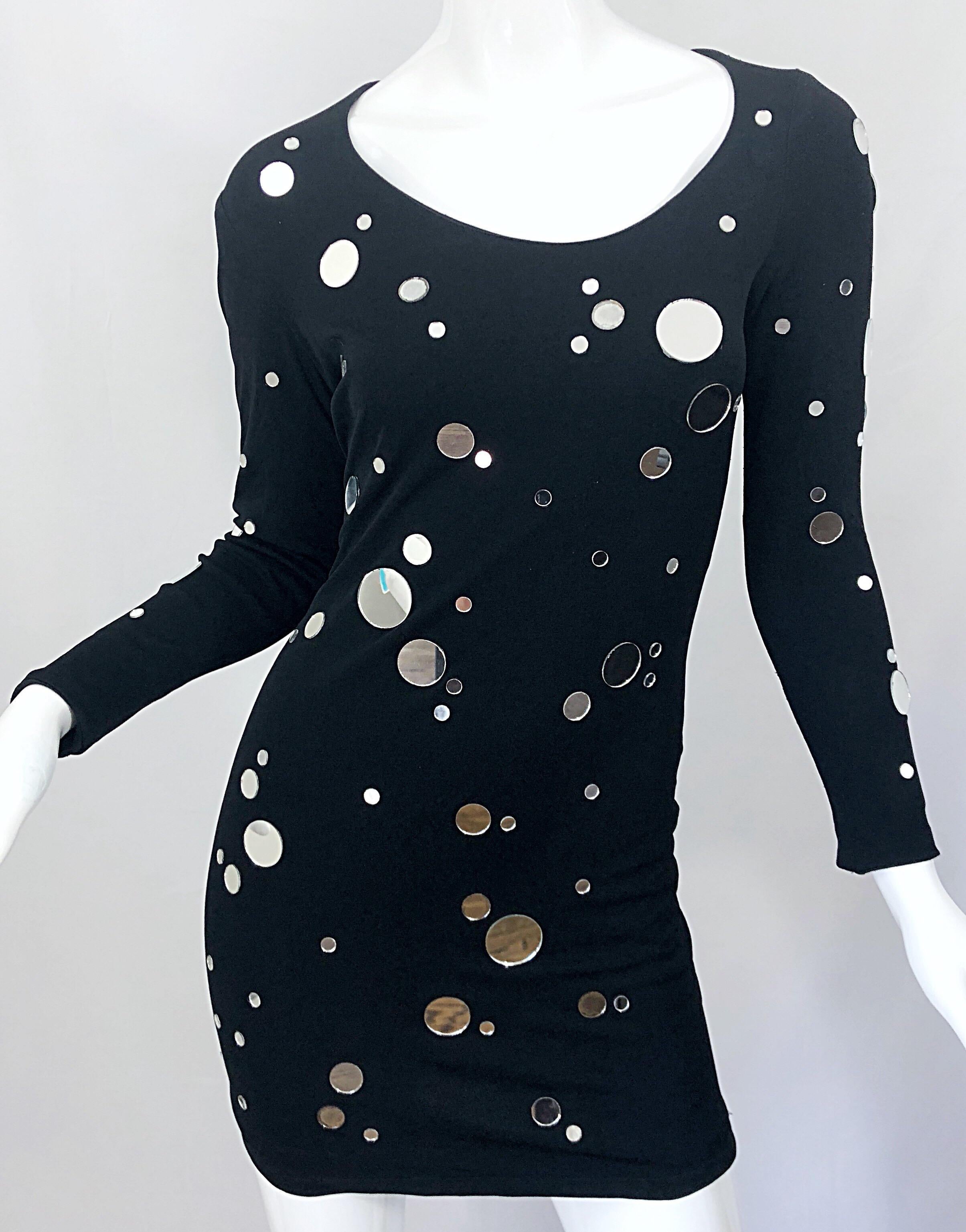 Documented 1990s CD Greene Mirrored Black Bodycon Vintage 90s Long Sleeve Dress For Sale 5