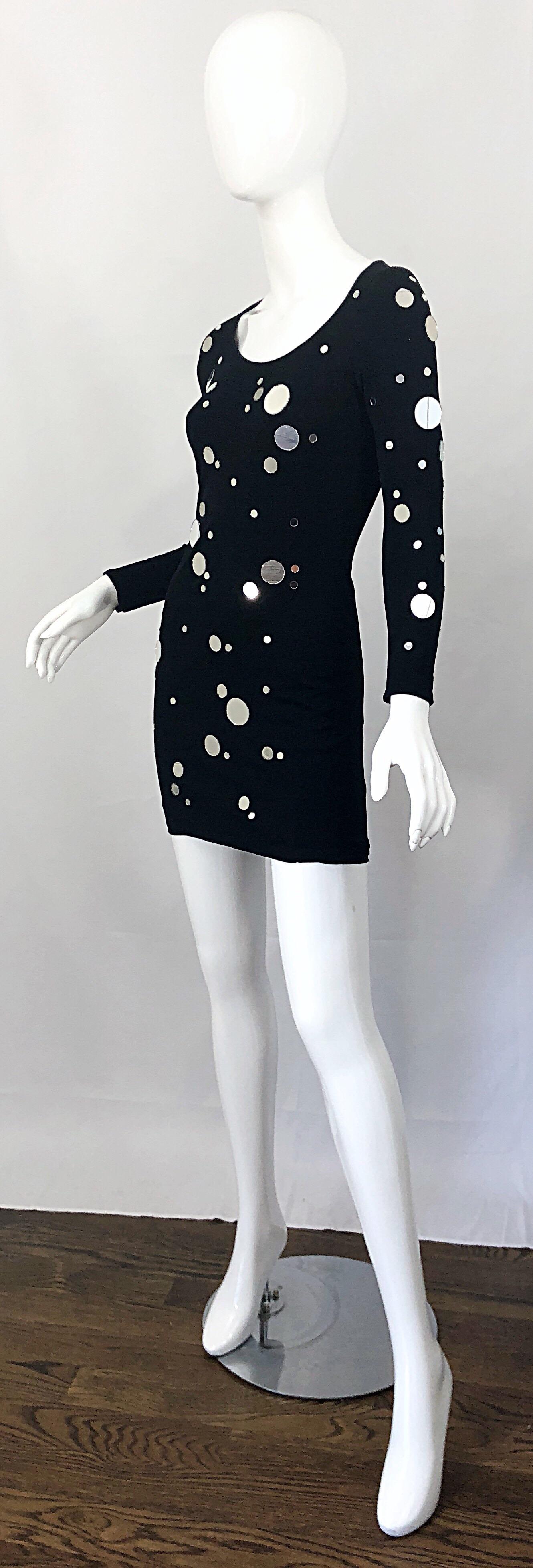 Documented 1990s CD Greene Mirrored Black Bodycon Vintage 90s Long Sleeve Dress For Sale 6