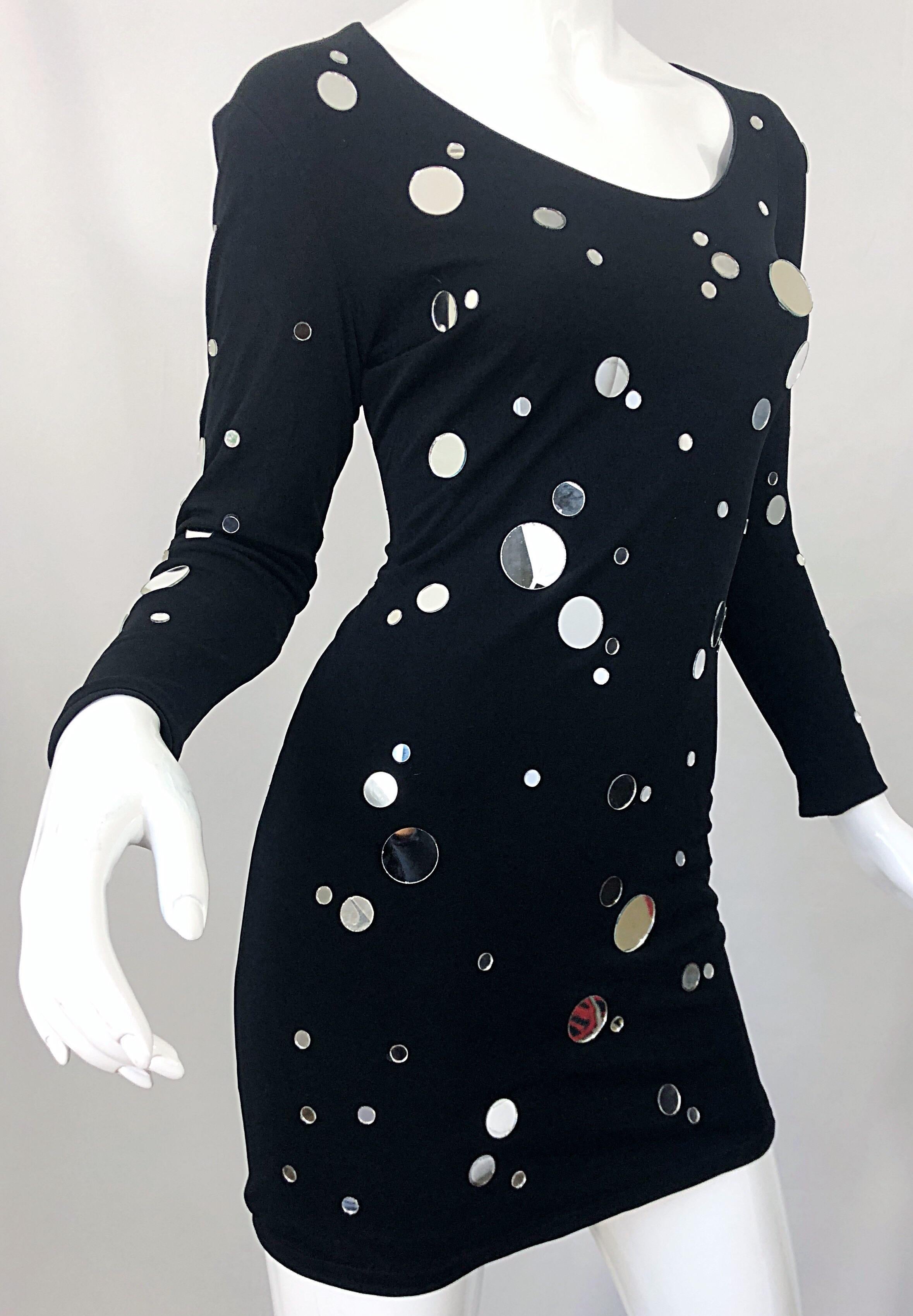 Documented 1990s CD Greene Mirrored Black Bodycon Vintage 90s Long Sleeve Dress For Sale 8