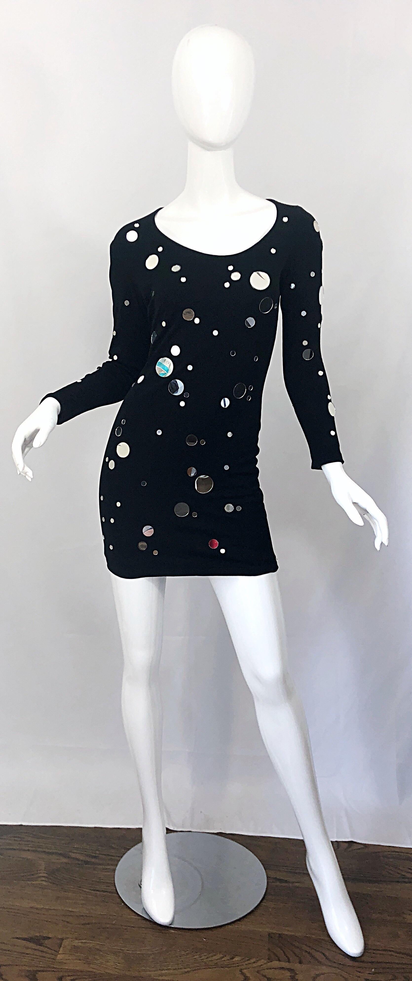 Documented 1990s CD Greene Mirrored Black Bodycon Vintage 90s Long Sleeve Dress For Sale 9