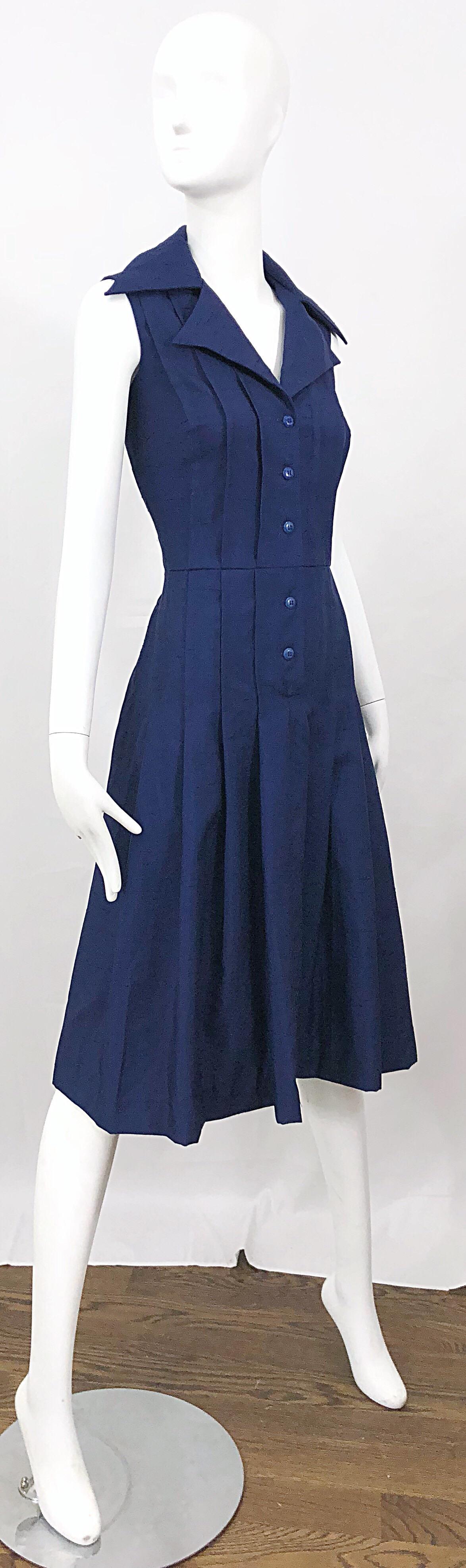 1990s Saks 5th Avenue Sz 8 10 Navy Blue Silk Vintage 90s Sleeveless Shirt Dress For Sale 6