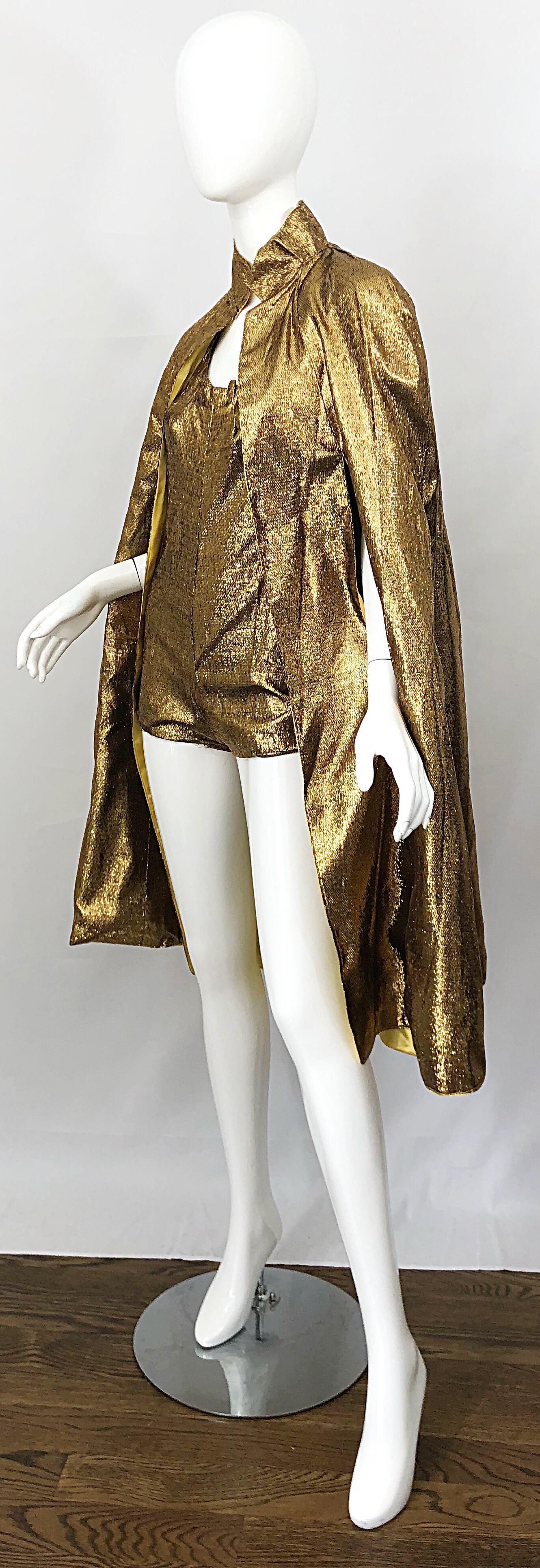 Women's Amazing 1970s Gold Lurex Lame Disco Studio 54 Vintage 70s Romper and Cape Jacket For Sale
