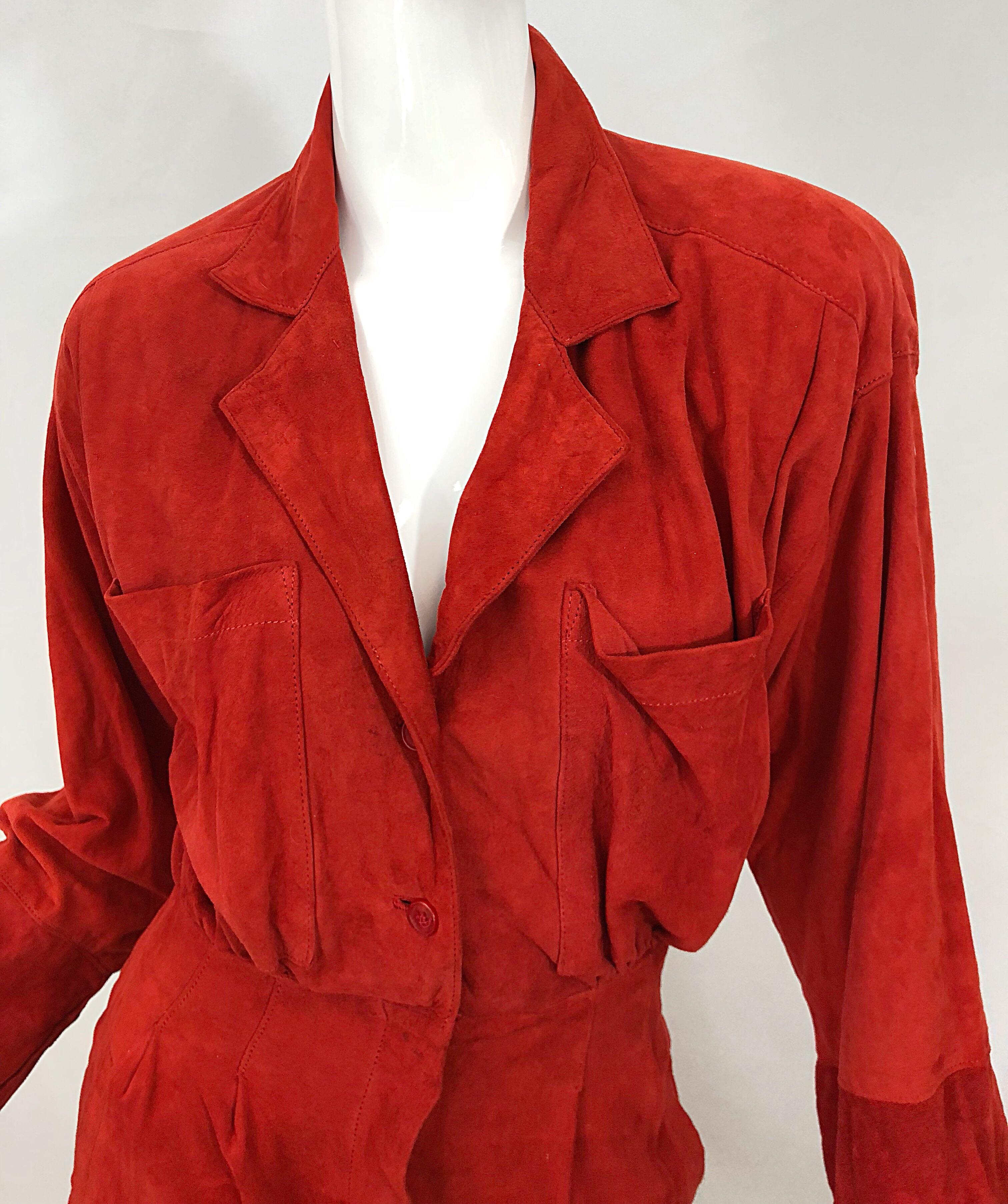 Chic 1990s Red Rust Suede Leather Size 4 / 6 Long Sleeve Vintage 90s Shirt Dress In Excellent Condition In San Diego, CA