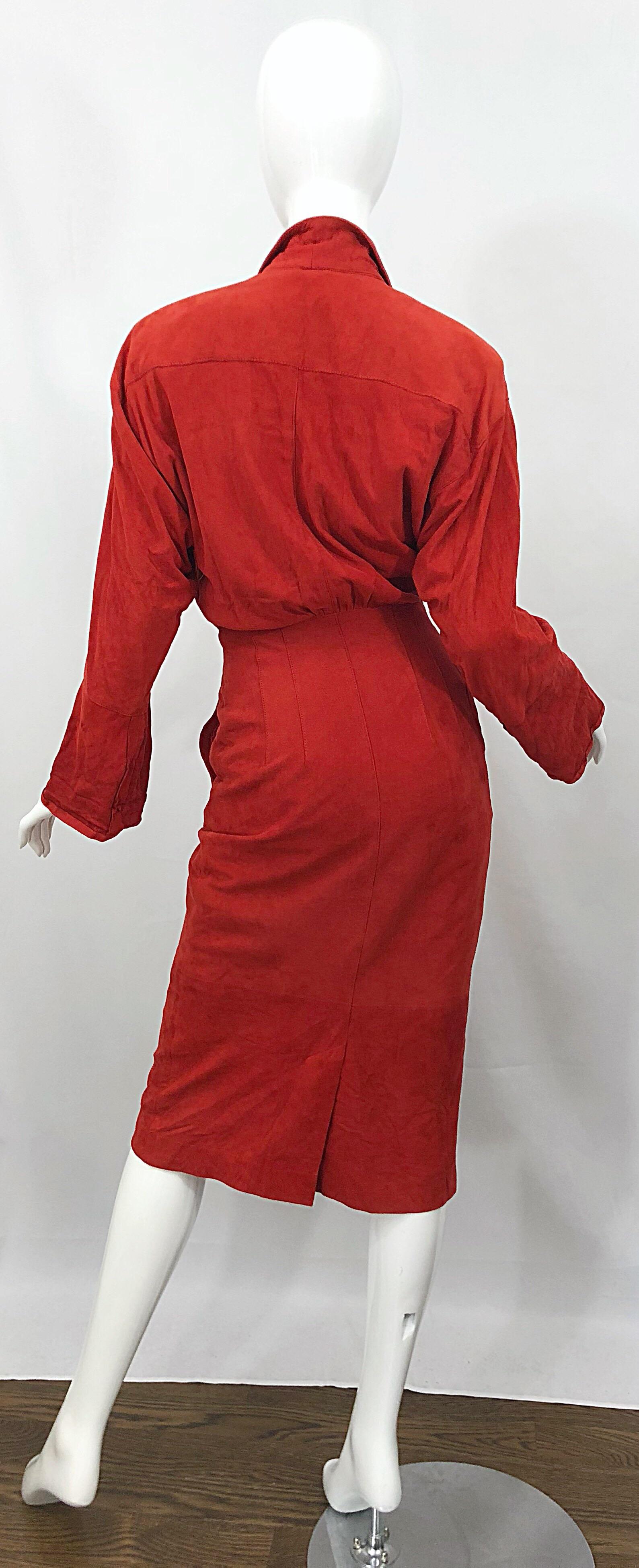 Women's Chic 1990s Red Rust Suede Leather Size 4 / 6 Long Sleeve Vintage 90s Shirt Dress