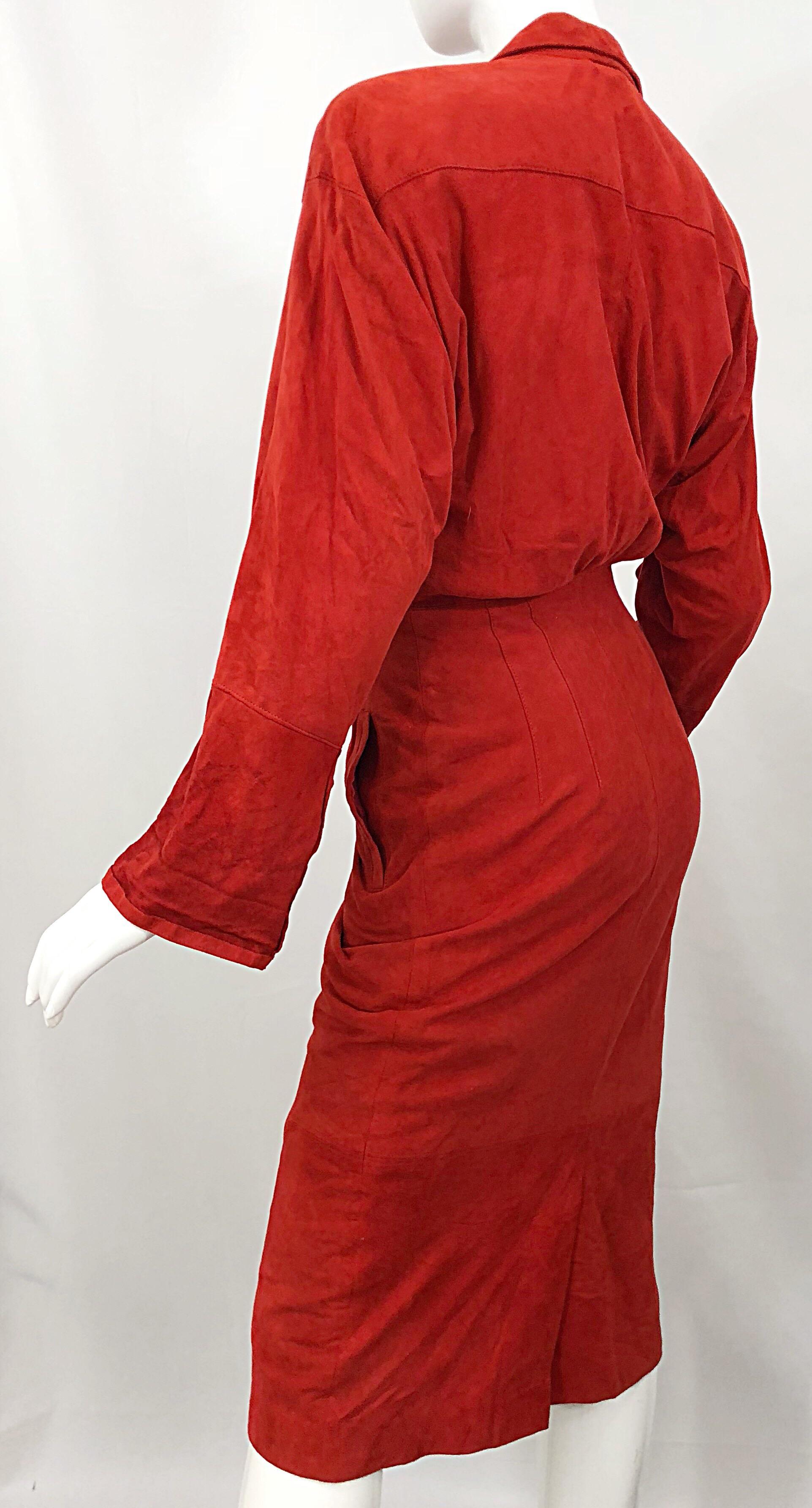 Chic 1990s Red Rust Suede Leather Size 4 / 6 Long Sleeve Vintage 90s Shirt Dress 2