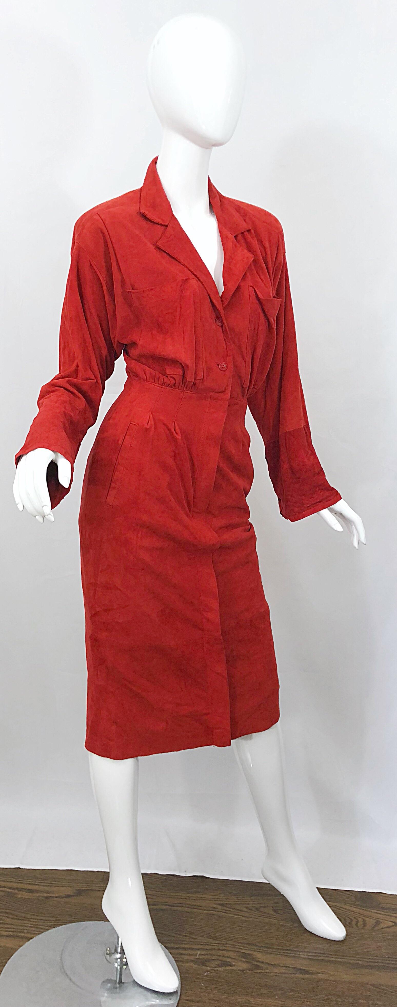Chic 1990s Red Rust Suede Leather Size 4 / 6 Long Sleeve Vintage 90s Shirt Dress 3