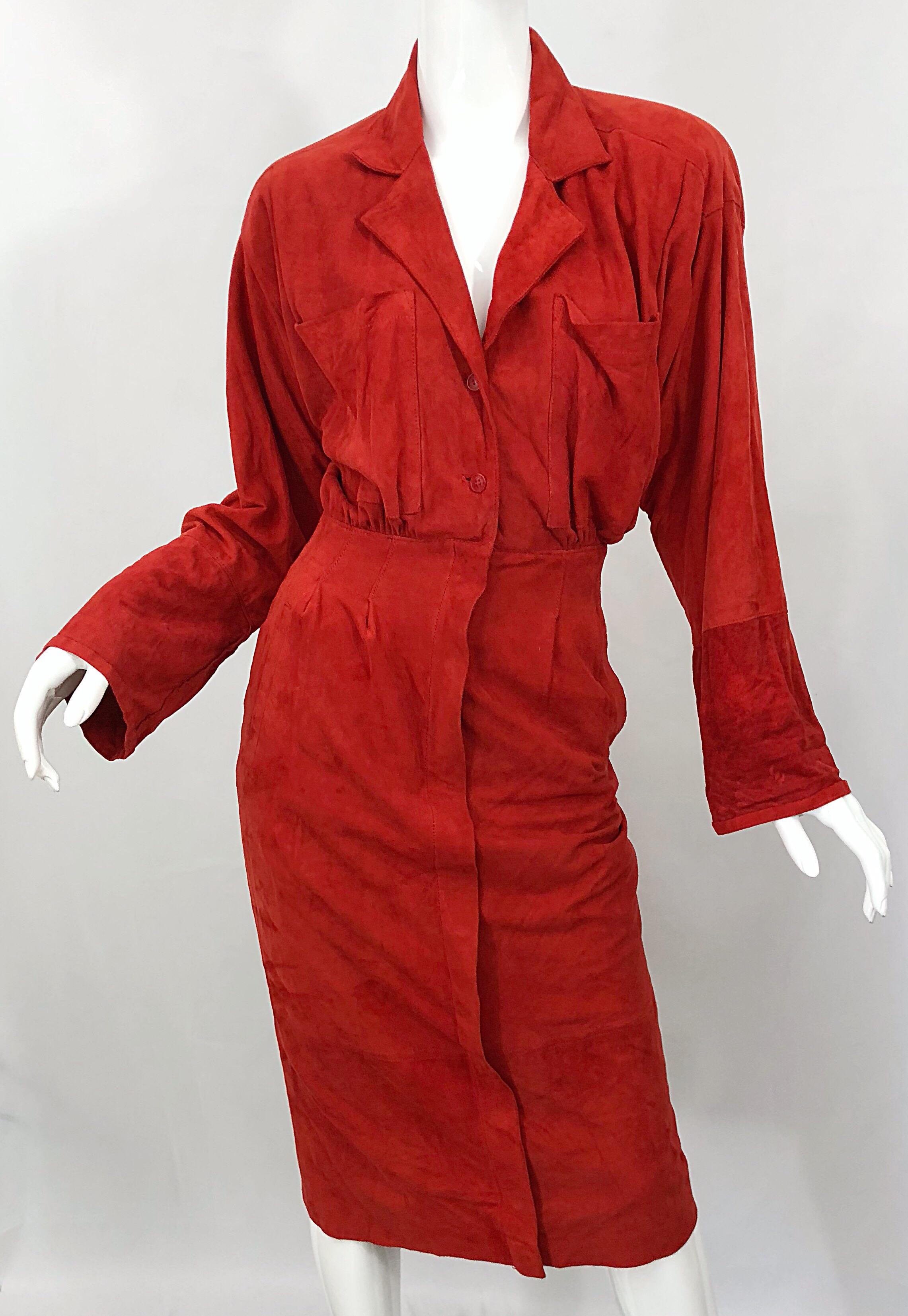 Chic 1990s Red Rust Suede Leather Size 4 / 6 Long Sleeve Vintage 90s Shirt Dress 4