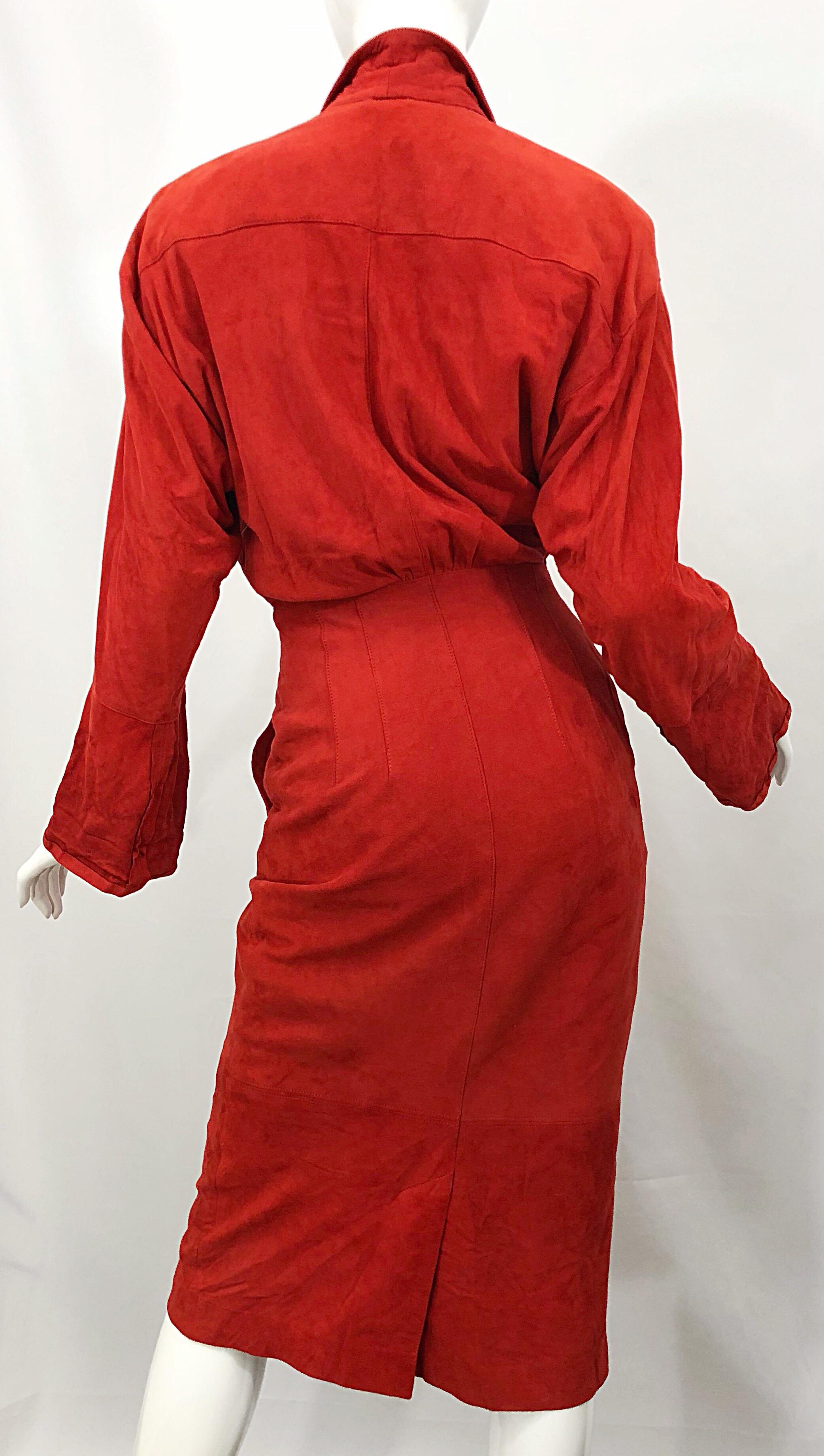 Chic 1990s Red Rust Suede Leather Size 4 / 6 Long Sleeve Vintage 90s Shirt Dress 5