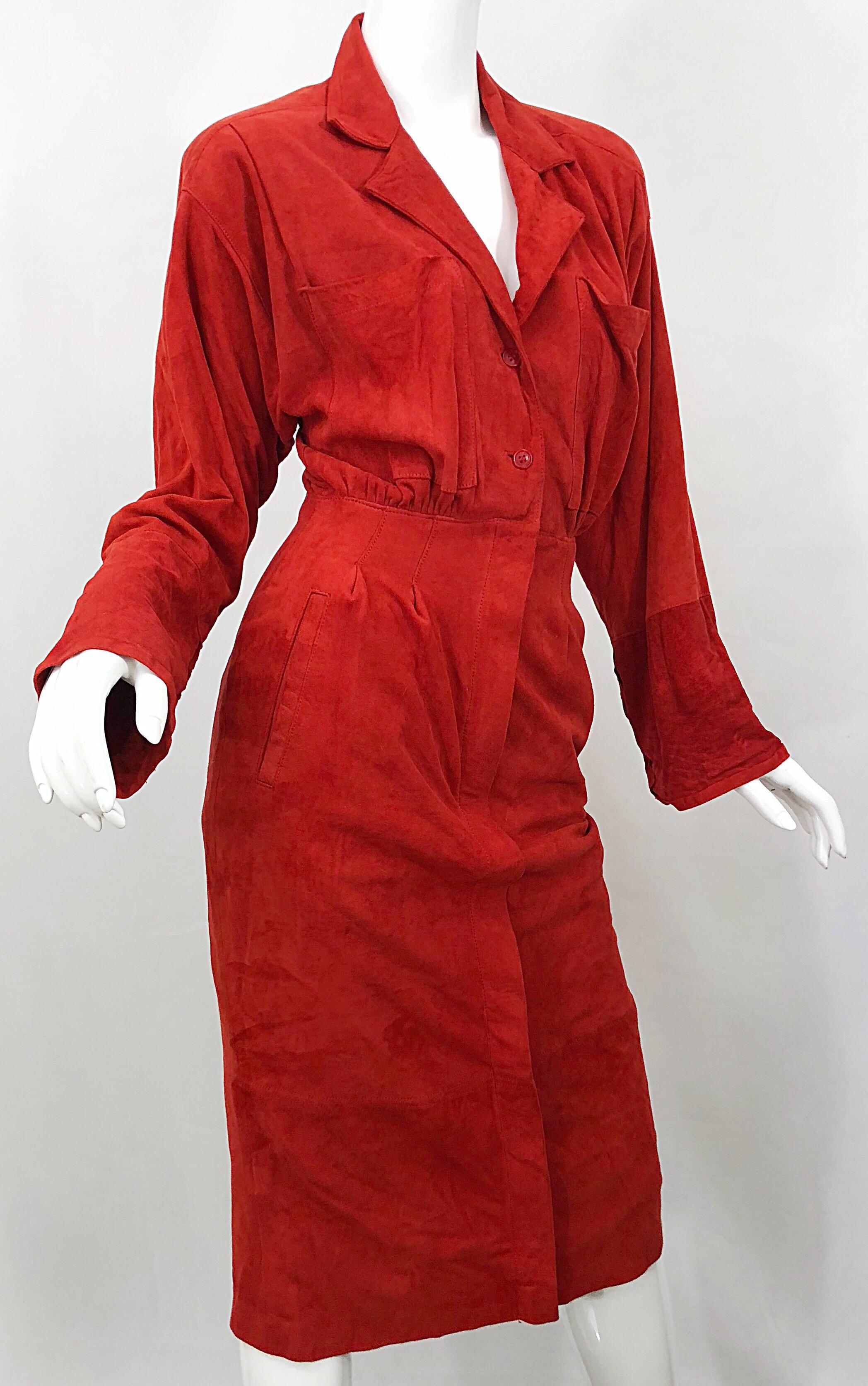 Chic 1990s Red Rust Suede Leather Size 4 / 6 Long Sleeve Vintage 90s Shirt Dress 6