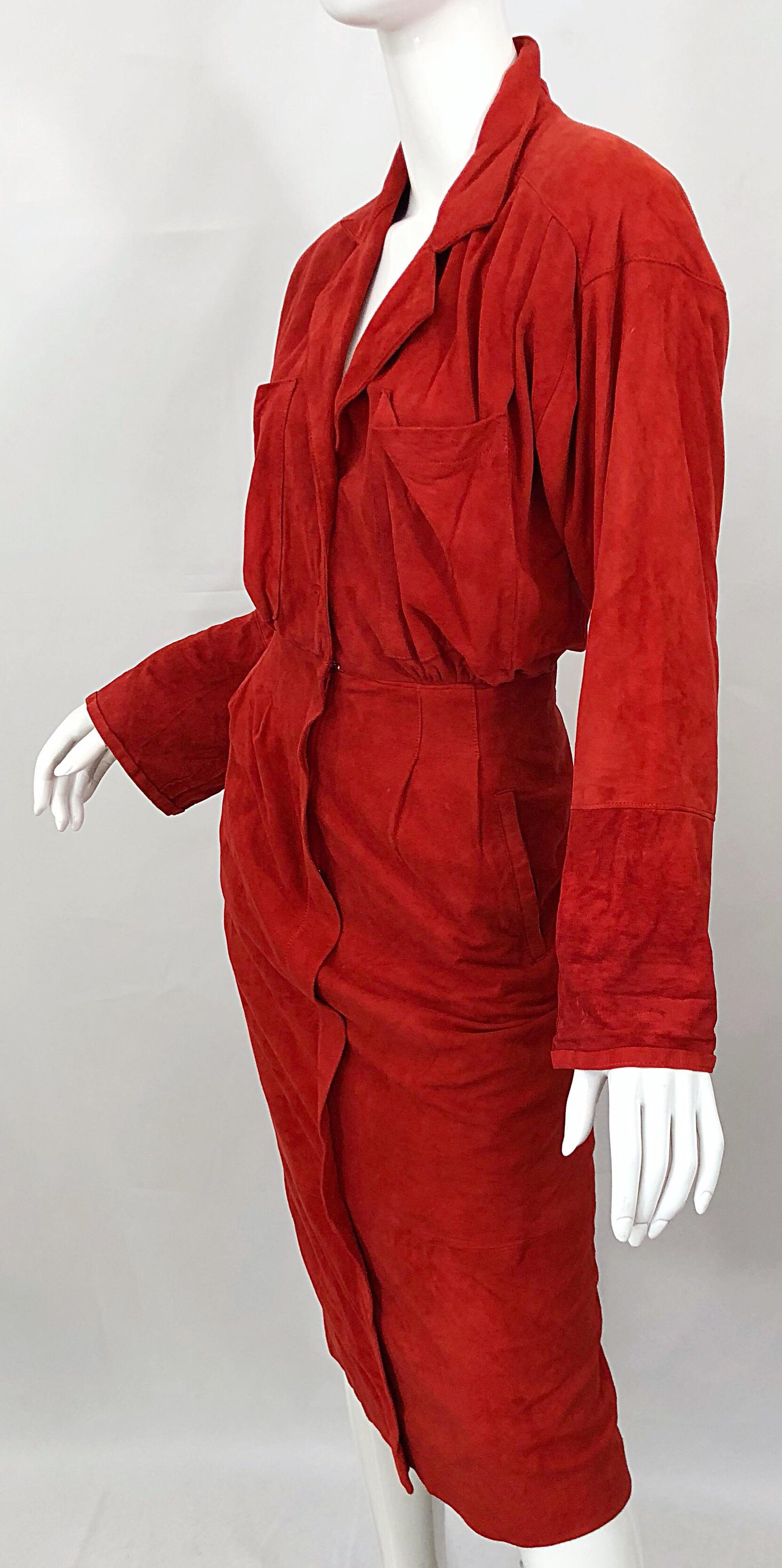 Chic 1990s Red Rust Suede Leather Size 4 / 6 Long Sleeve Vintage 90s Shirt Dress 8