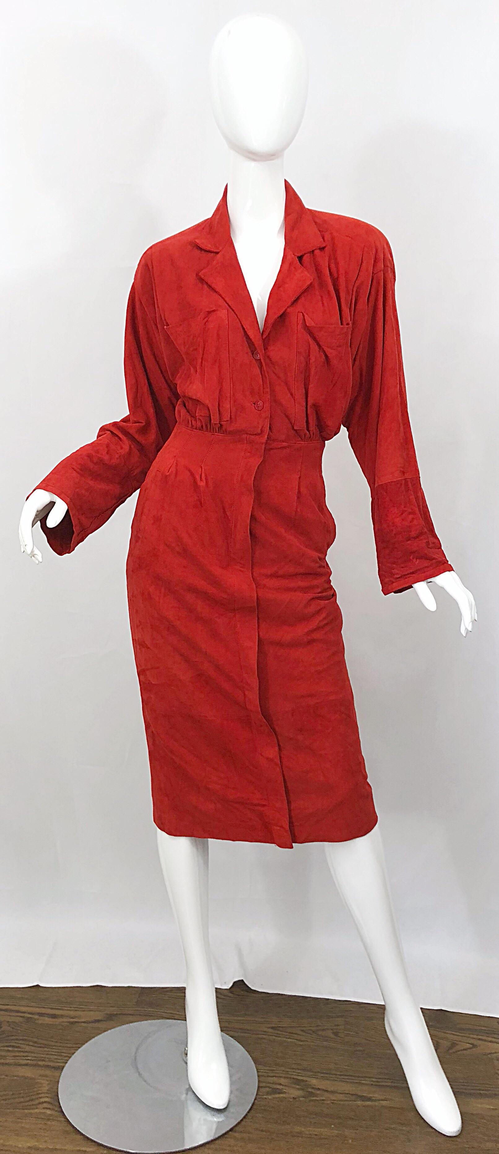 Chic 1990s Red Rust Suede Leather Size 4 / 6 Long Sleeve Vintage 90s Shirt Dress 9