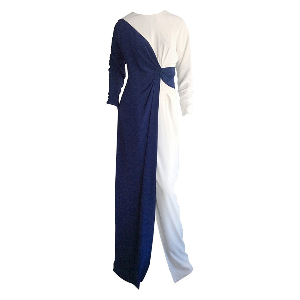 Vintage Bob Mackie Navy Blue + White Color Blocked Avant Garde Dress