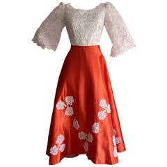 Gorgeous 1960s Orange Satin + White Lace Bell Sleeve Embellished Custom Dress